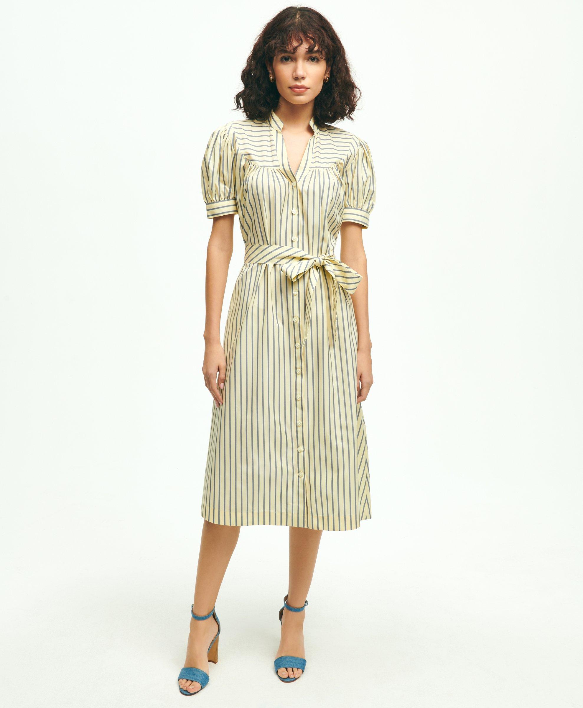 Brooks Brothers Supima Cotton Fit & Flare Stripe Shirt Dress | Yellow | Size 6