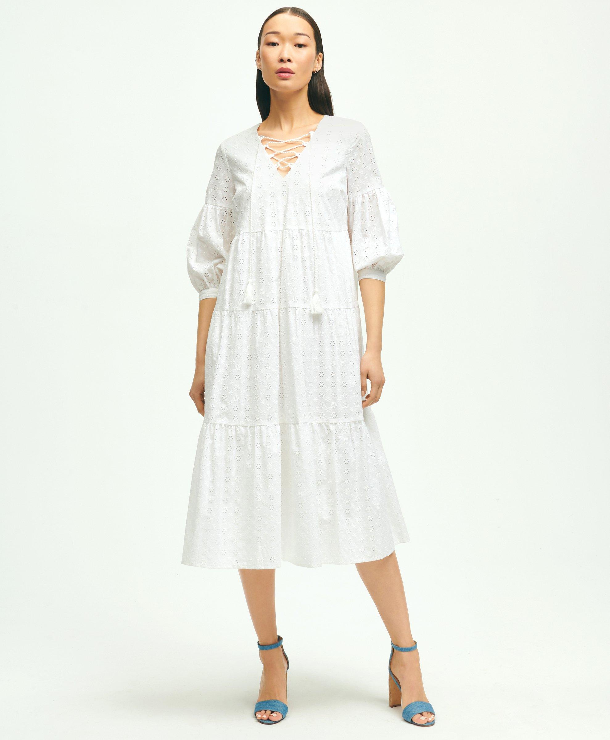 Brooks Brothers Cotton Tiered Eyelet Tie Neck Dress | White | Size 2