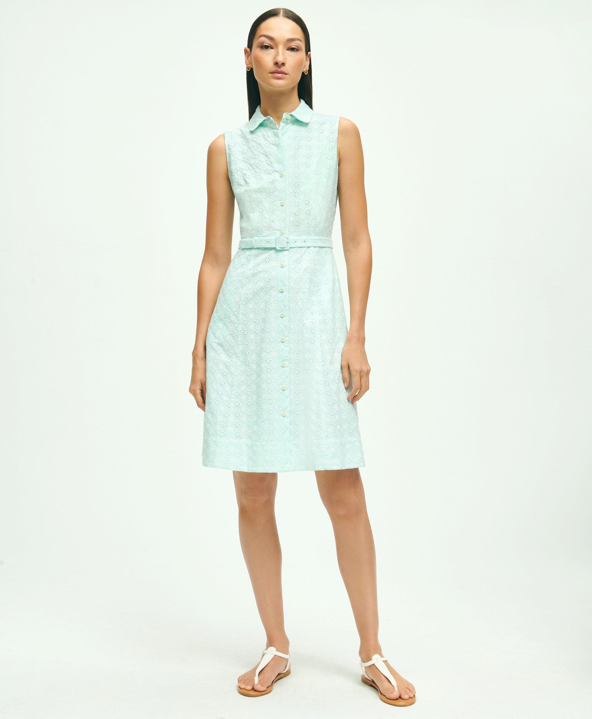 Brooks Brothers Sleeveless Cotton Eyelet Belted Shirt Dress | Aqua | Size 12