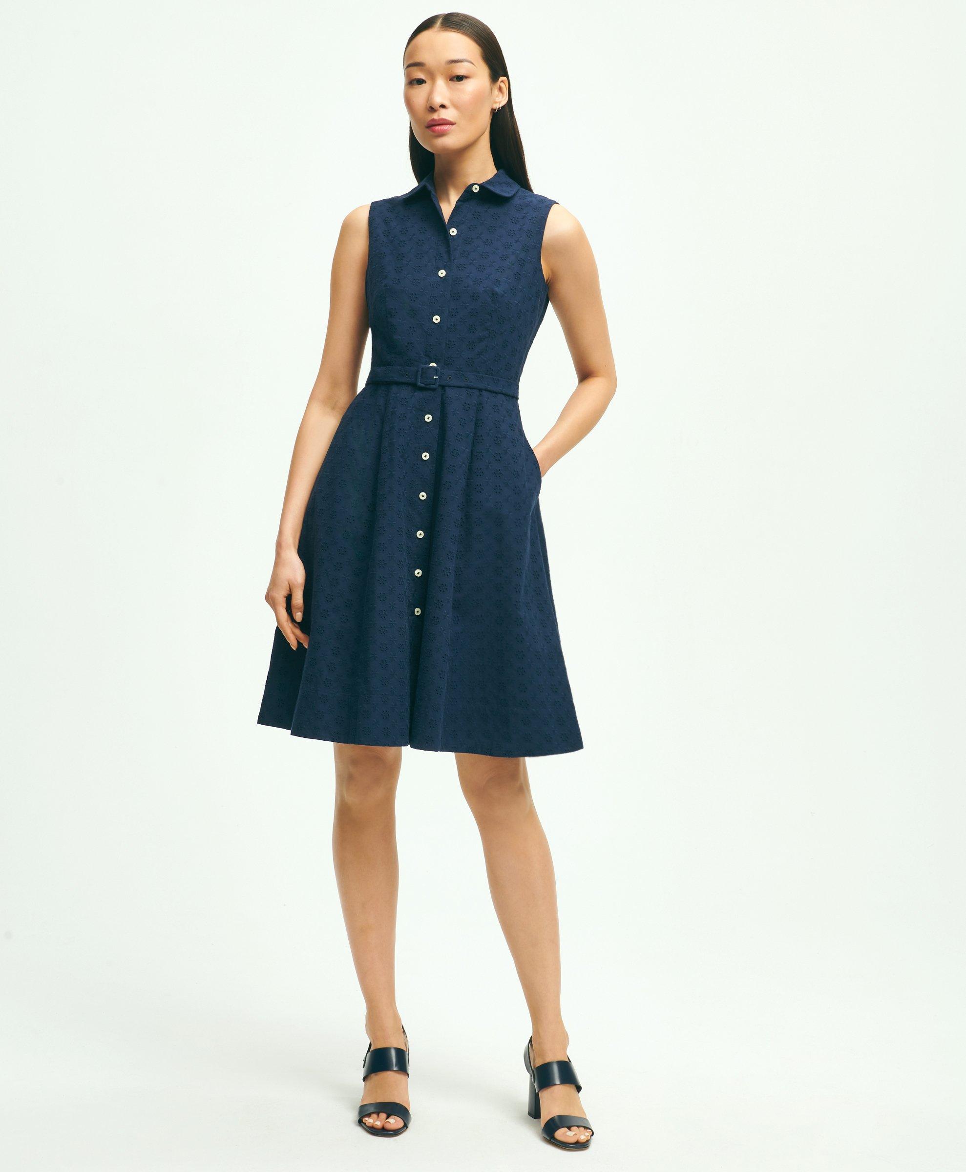 Brooks Brothers Sleeveless Cotton Eyelet Belted Shirt Dress | Navy | Size 10