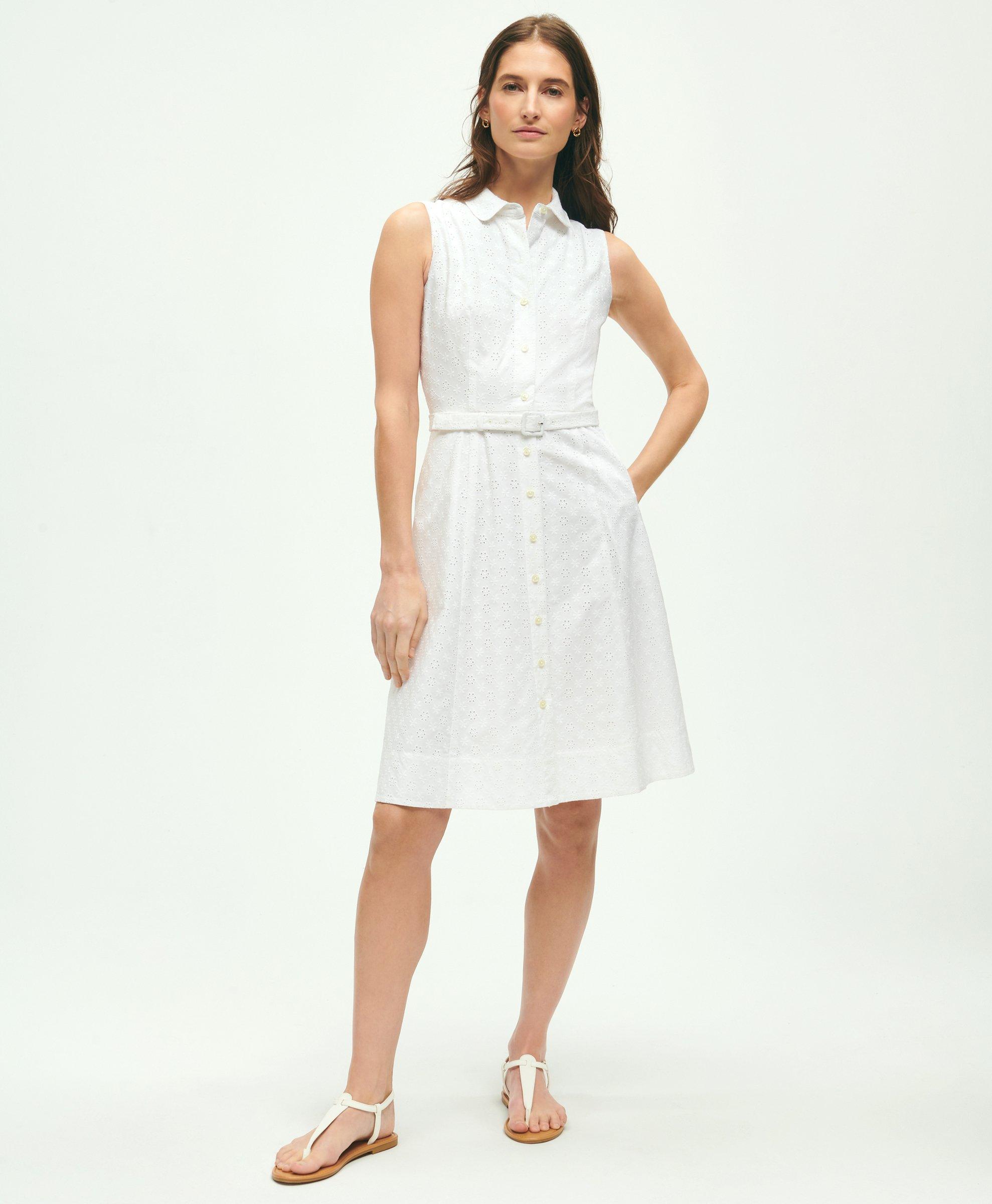 Brooks Brothers Sleeveless Cotton Eyelet Belted Shirt Dress | White | Size 14