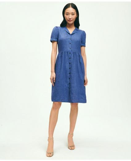 Linen Shirred-Waist Relaxed Shirt Dress