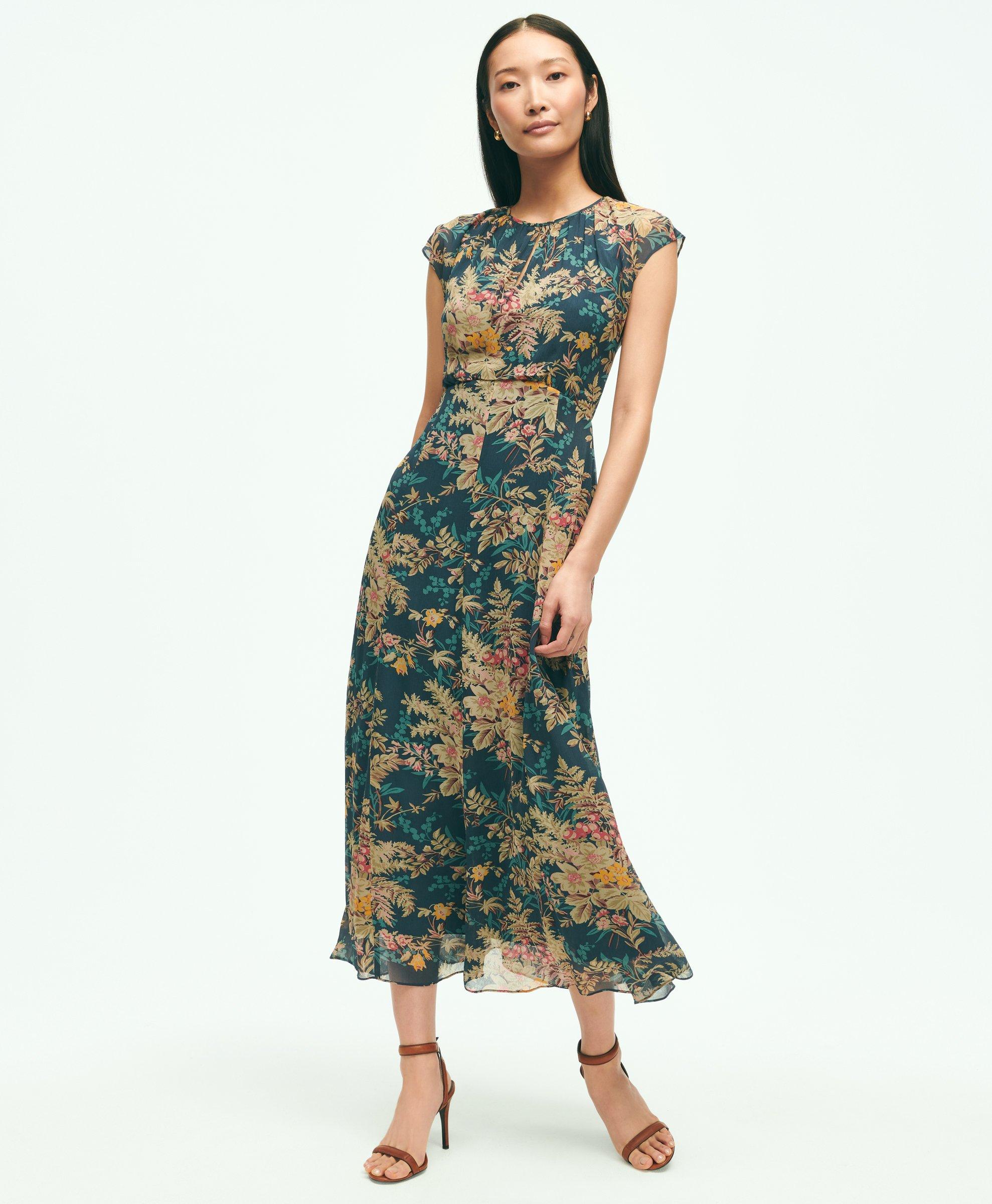 Brooks Brothers Chiffon Short-sleeve Fern Print Dress | Green | Size 8