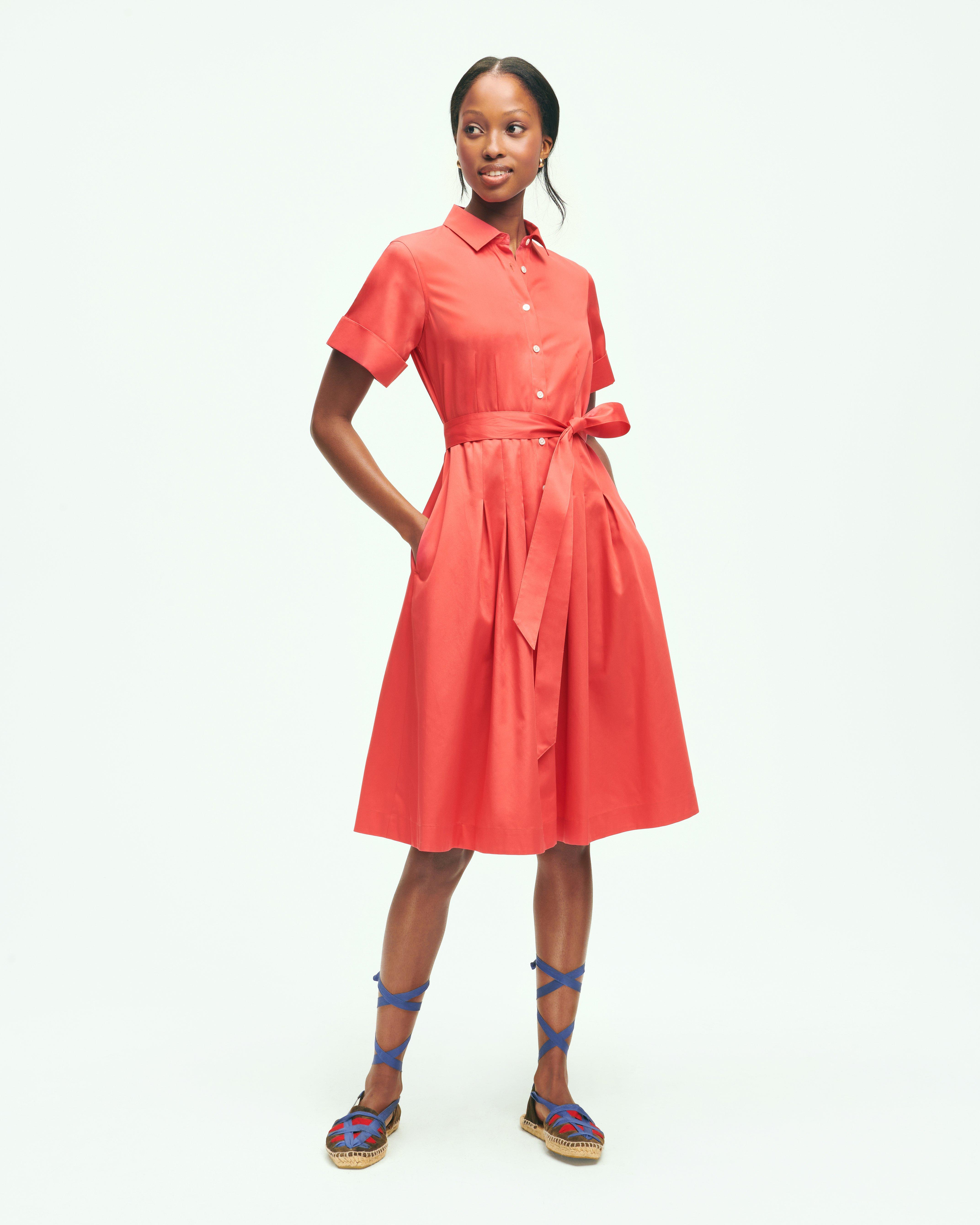 Brooks Brothers Signature A-line Cotton Sateen Shirt Dress | Coral Red | Size 12