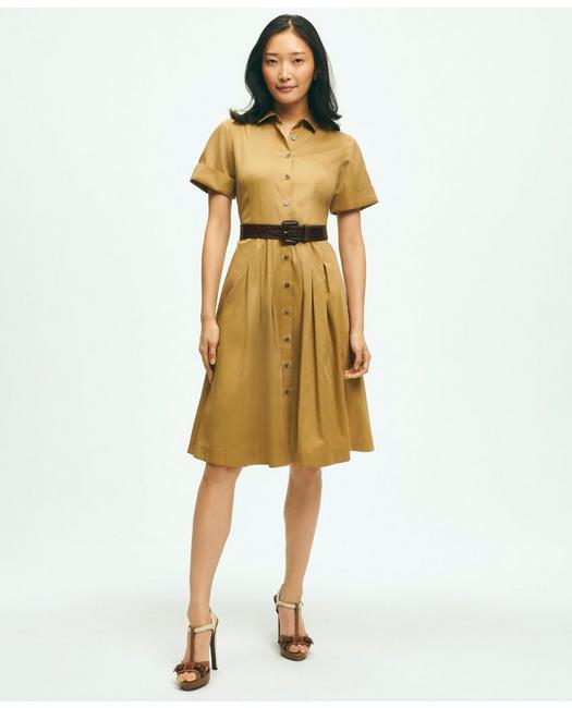 Brooks Brothers Signature A-line Cotton Sateen Shirt Dress | Khaki | Size 14