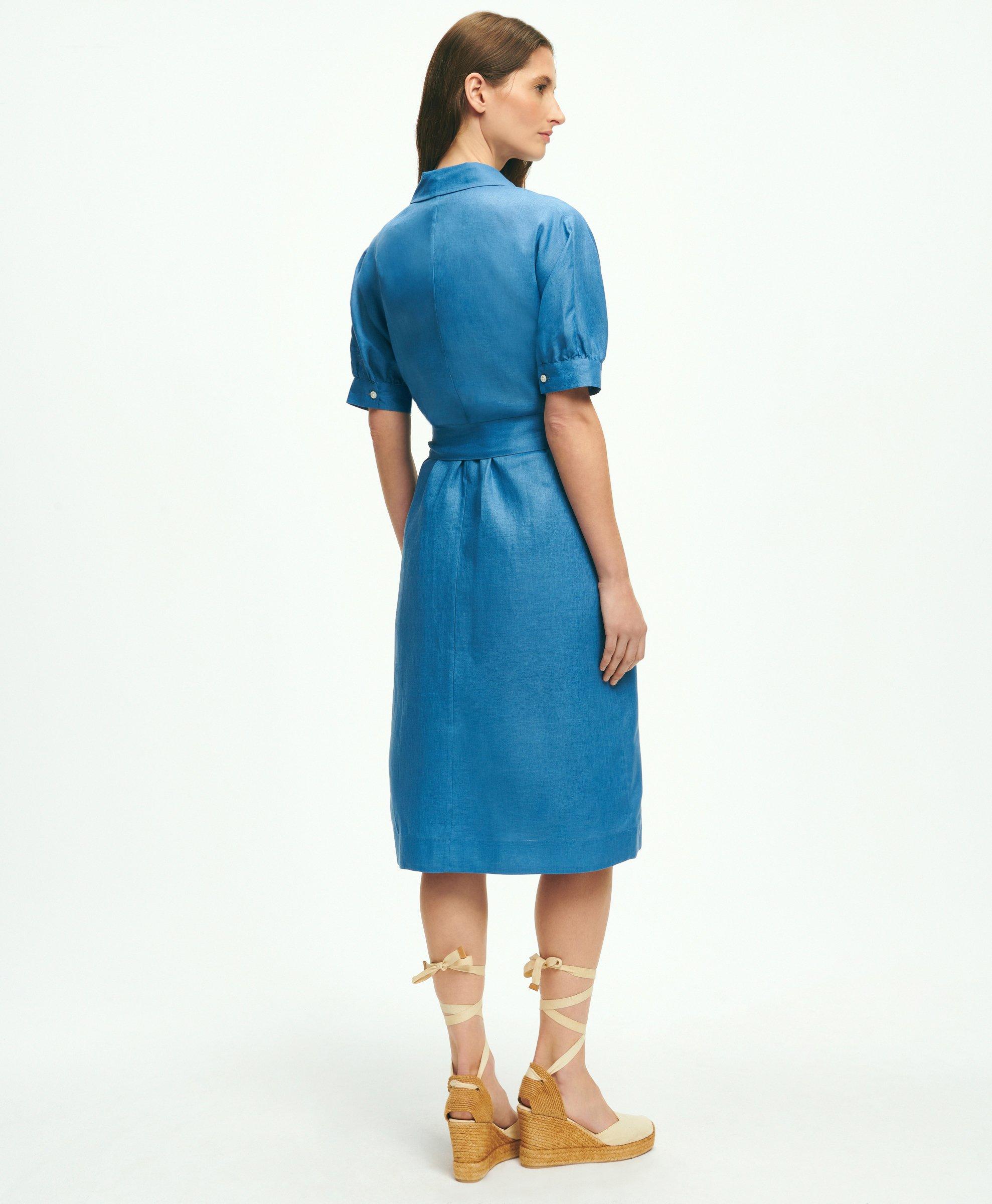 Puff Sleeve Belted Shirt Dress In Linen