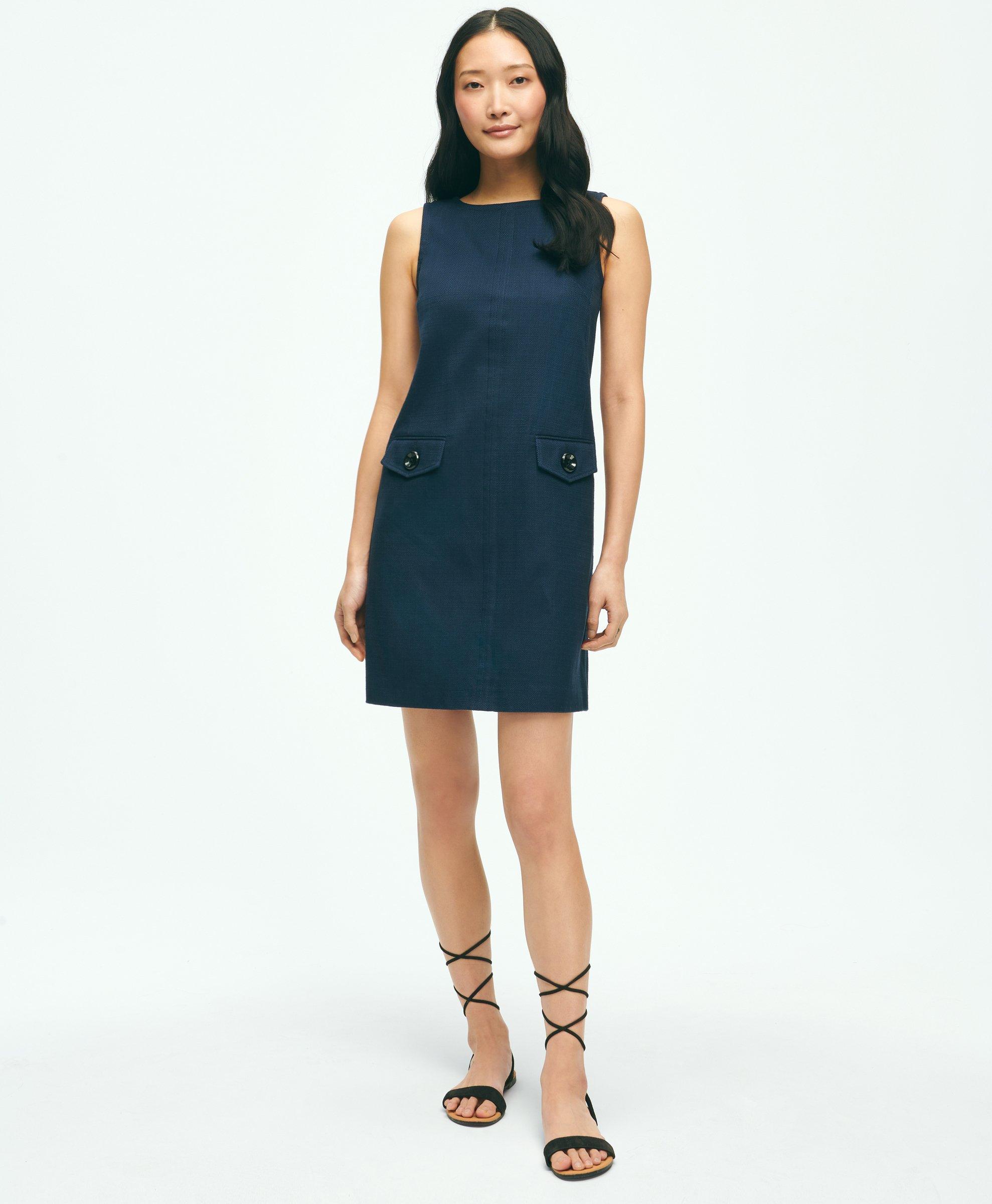 Shop Brooks Brothers Crewneck Shift Dress In Basketwoven Cotton | Navy | Size 16