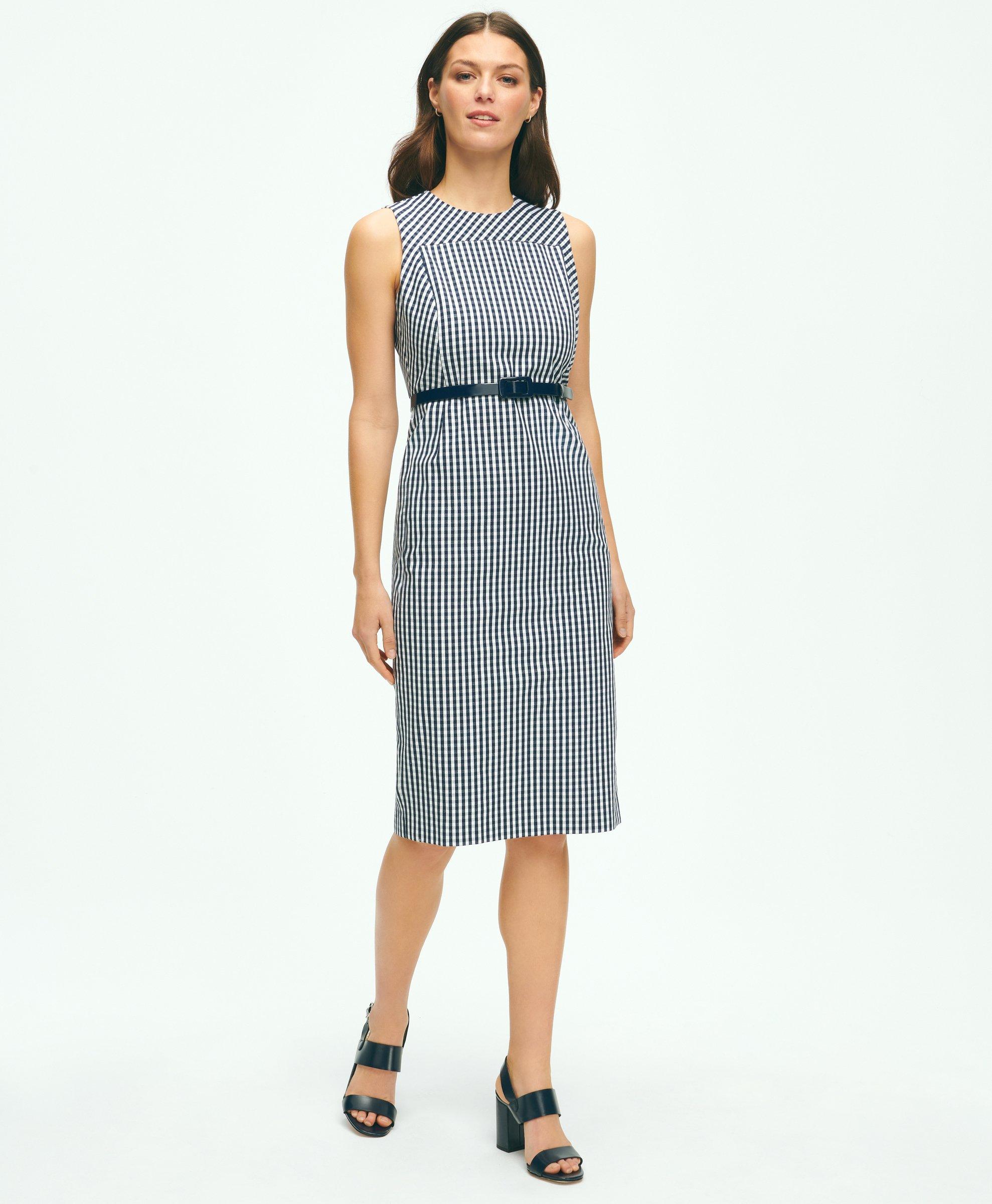 Shop Brooks Brothers Gingham Belted Sheath Dress In Bi-stretch Cotton | Navy | Size 8