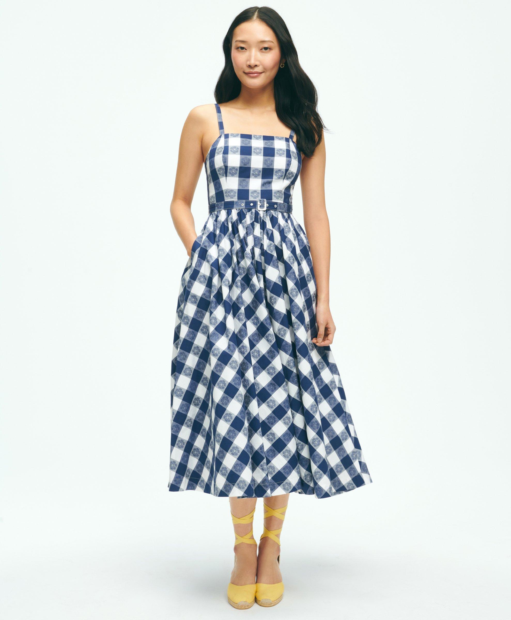 Shop Brooks Brothers Gingham Jacquard Fit-and-flare Dress In Cotton | Navy | Size 4