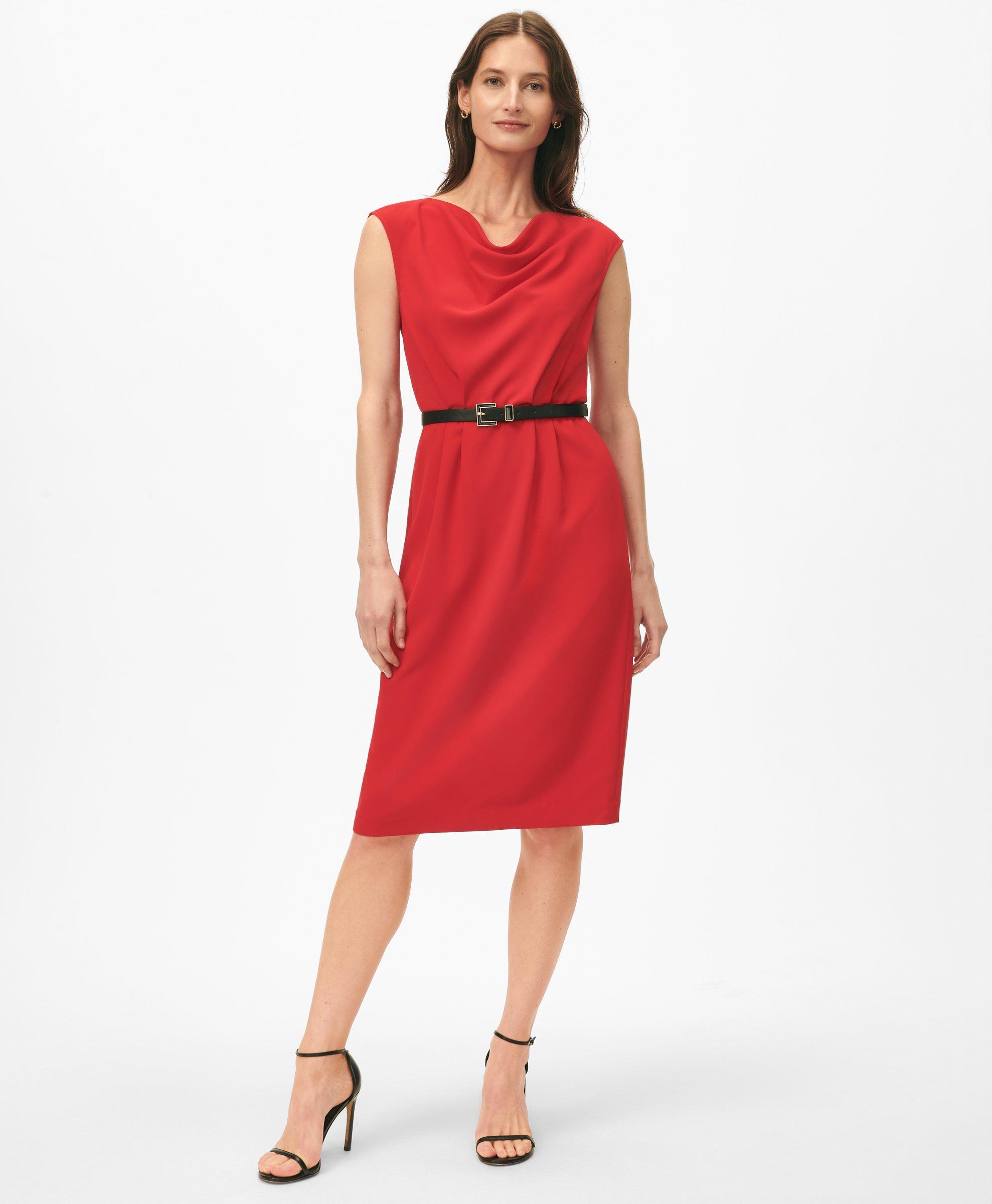 Brooks Brothers Cap Sleeve Belted Cowl Neck Dress In Fine Twill Stretch Crepe In Bright Red