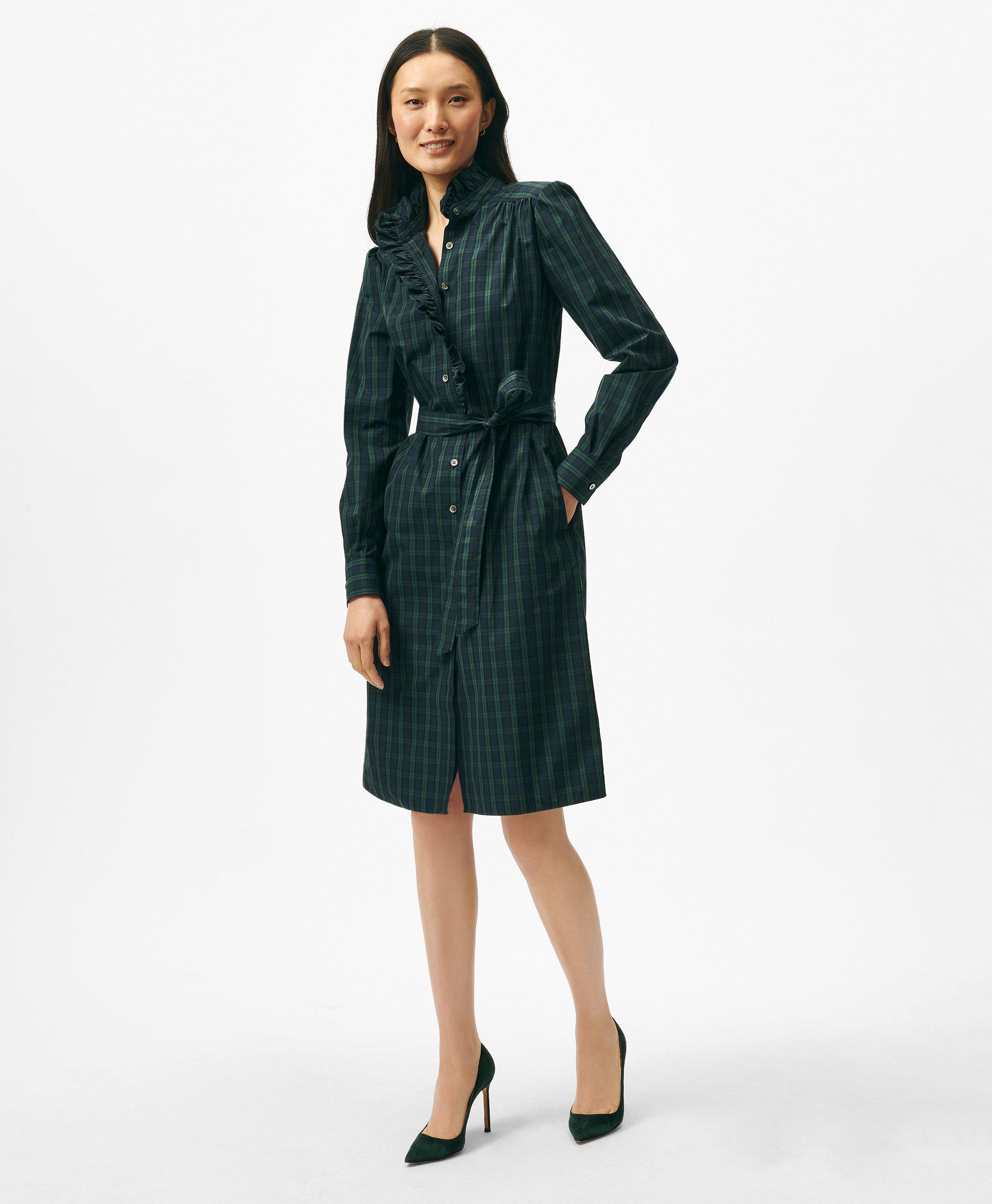 Belted Ruffle-Detail Shirt Dress in Black Watch Supima Cotton