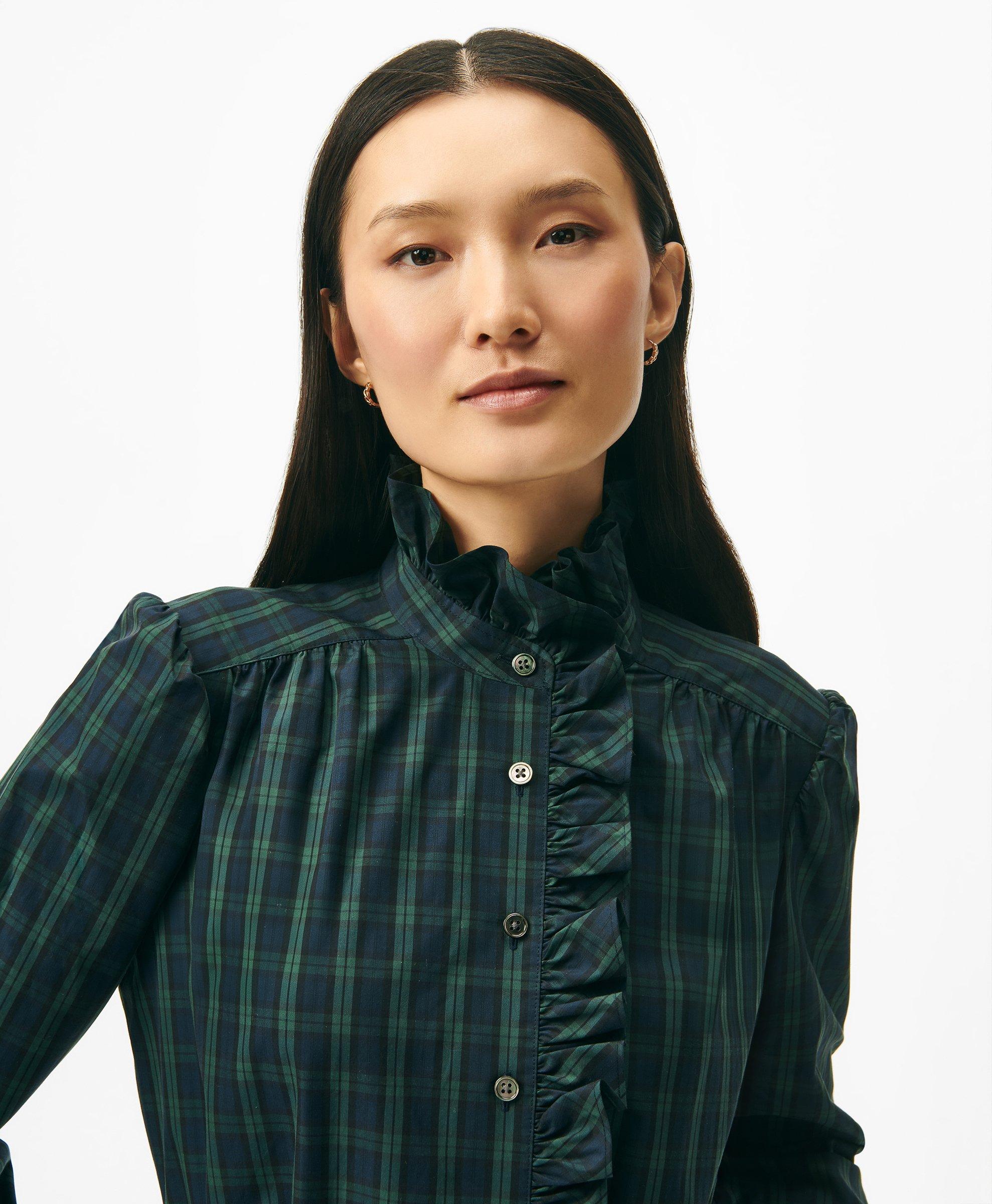 Belted Ruffle-Detail Shirt Dress in Black Watch Supima Cotton