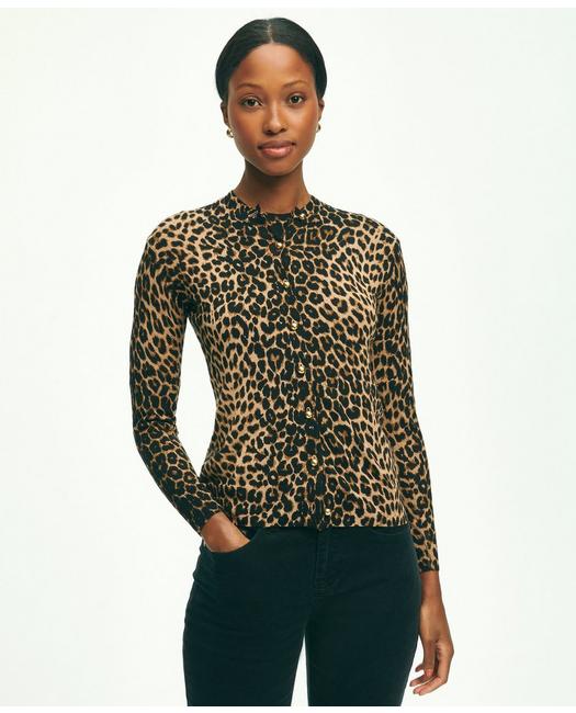Brooks Brothers Merino Wool Leopard Print Cardigan | Brown | Size Medium