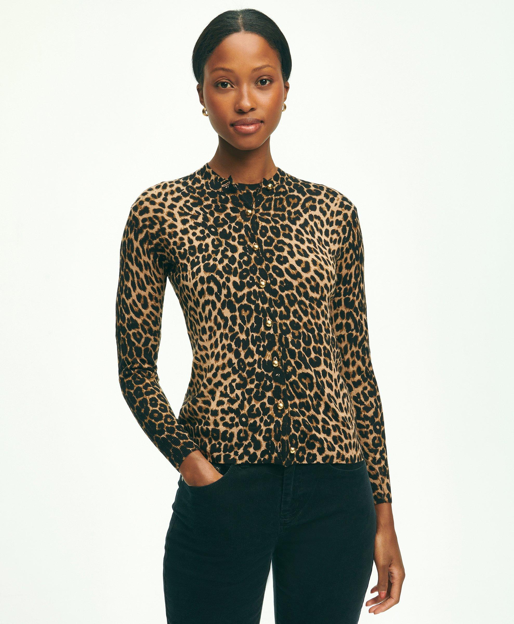 Brooks Brothers Merino Wool Leopard Print Cardigan | Brown | Size Small