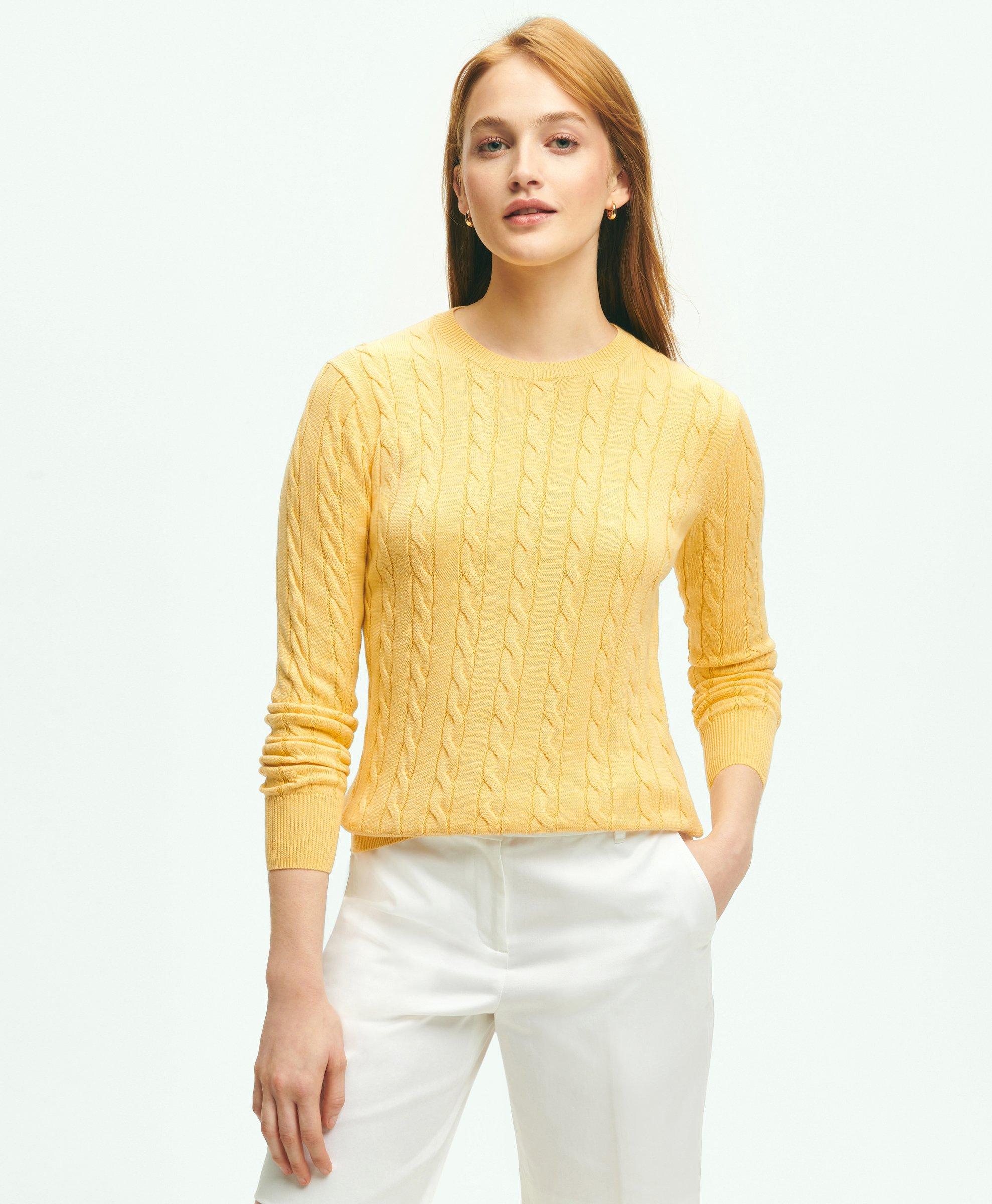 Brooks Brothers Supima Cotton Cable Crewneck Sweater | Yellow Heather | Size Large