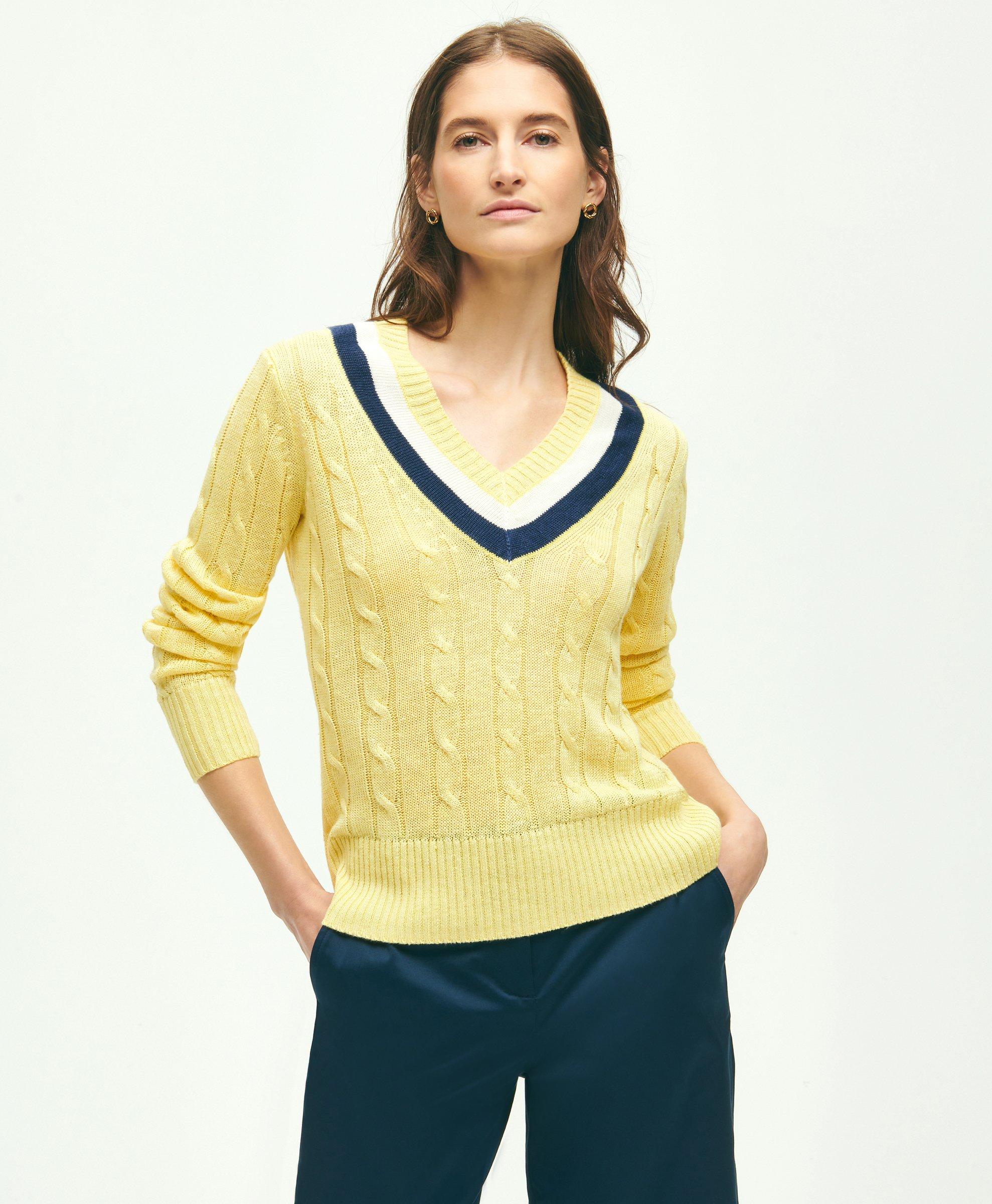 BROOKS BROTHERS LINEN CABLE KNIT TENNIS SWEATER | YELLOW | SIZE MEDIUM