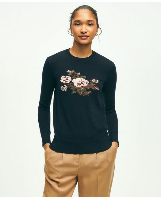 Brooks Brothers Silk Cashmere Floral Intarsia Crewneck Sweater | Navy | Size Large