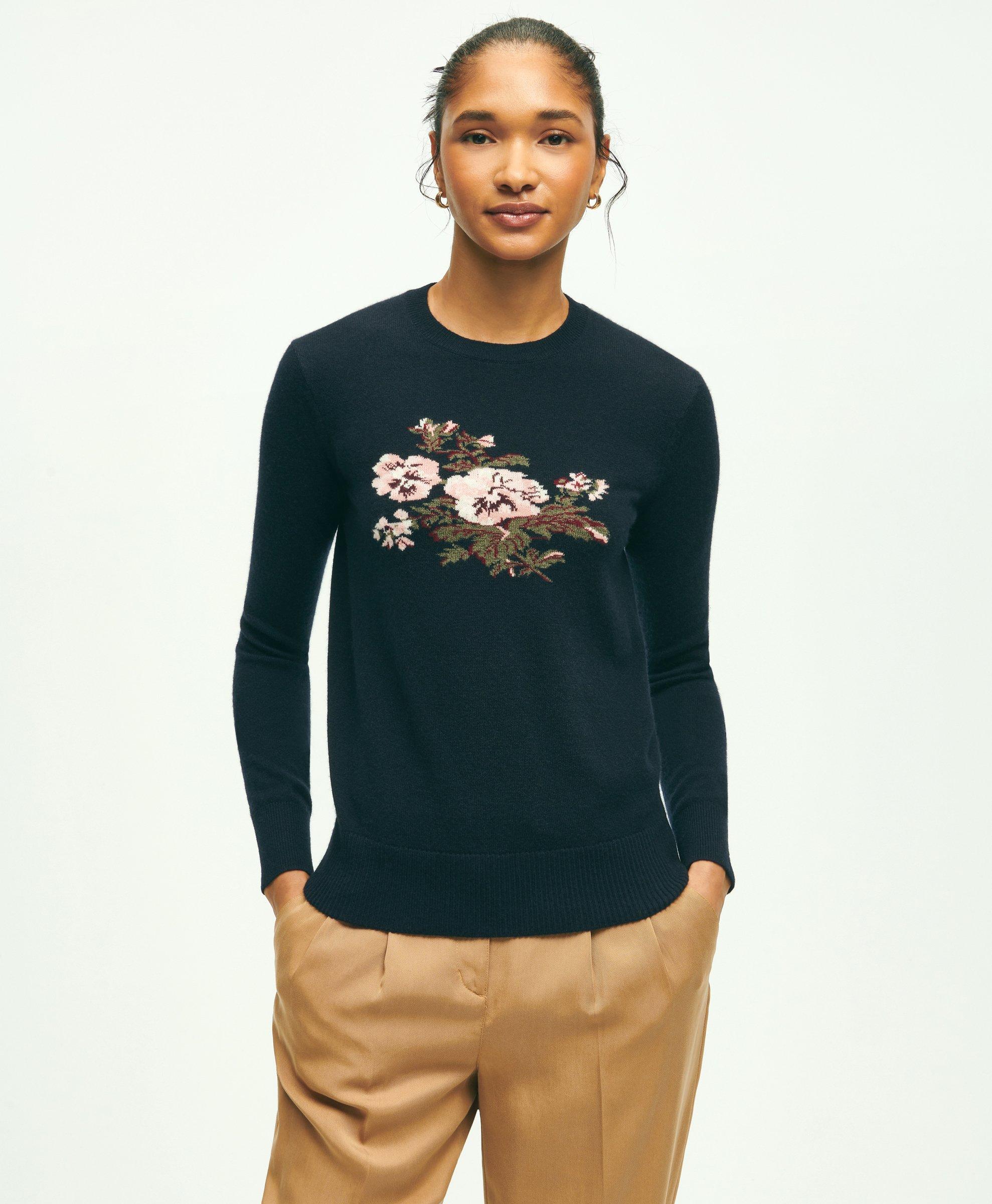 Brooks Brothers Silk Cashmere Floral Intarsia Crewneck Sweater | Navy | Size Xl