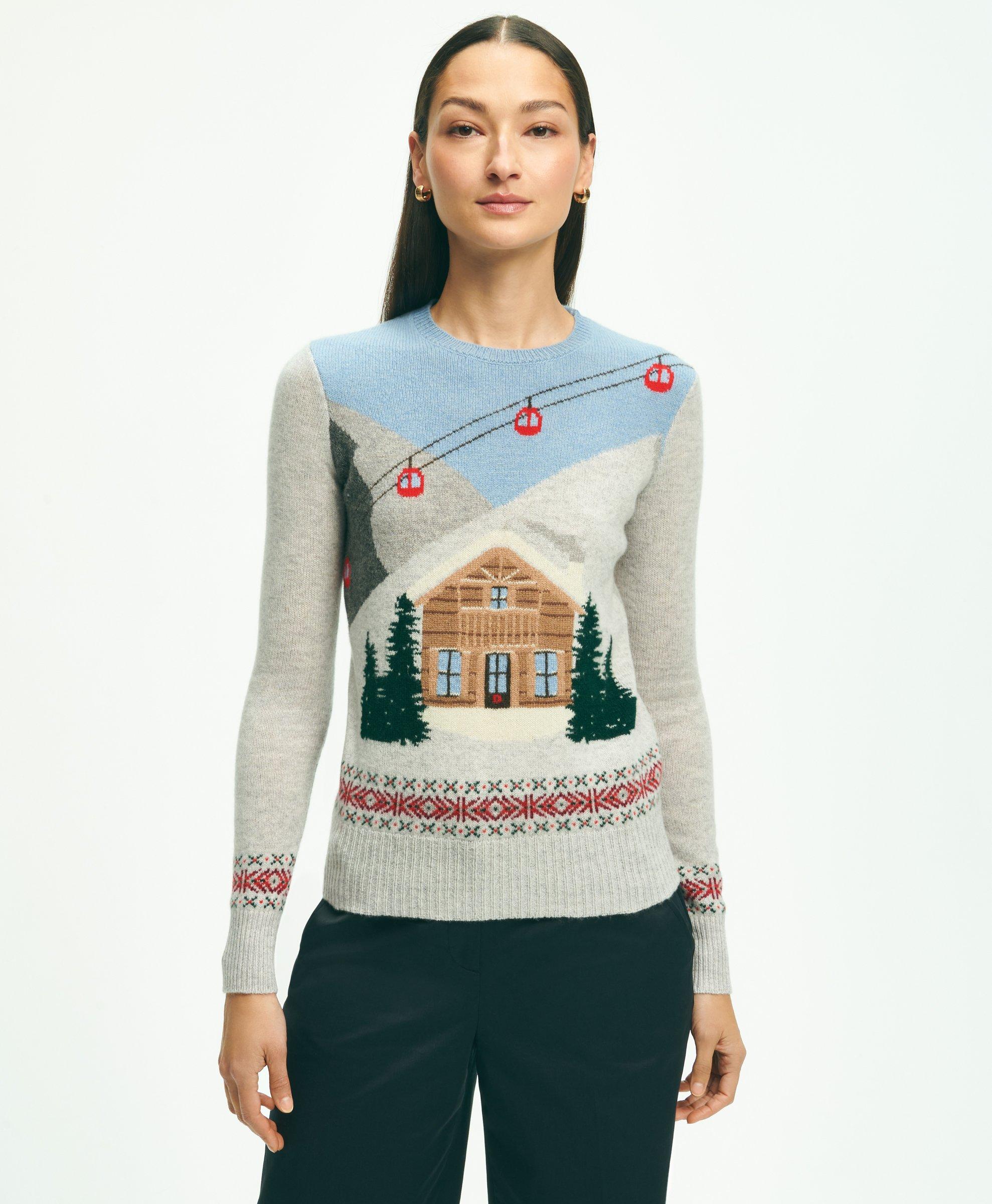Brooks Brothers Lambswool Ski Chalet Intarsia Crewneck Sweater | Grey | Size Small