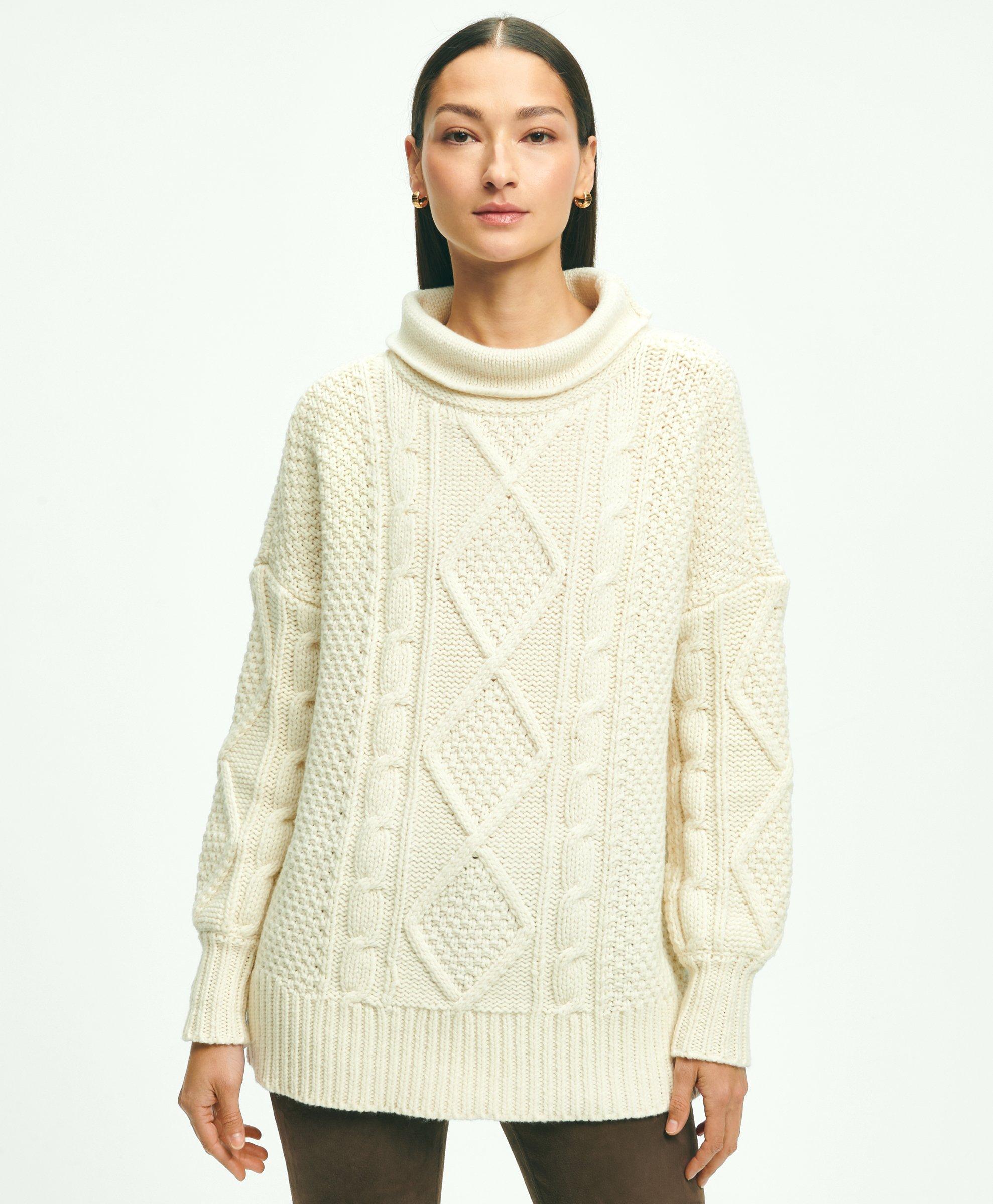 Brooks Brothers Oversize Merino Wool Mock Neck Aran Knit Sweater | Cream | Size Small