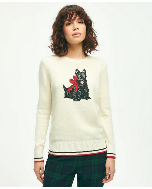 Brooks Brothers Merino Wool-cashmere Crewneck Scottie Dog Sweater | Ivory | Size Small