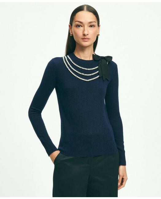 Brooks Brothers Merino Wool-cashmere Faux-pearl Necklace Sweater | Navy | Size Large