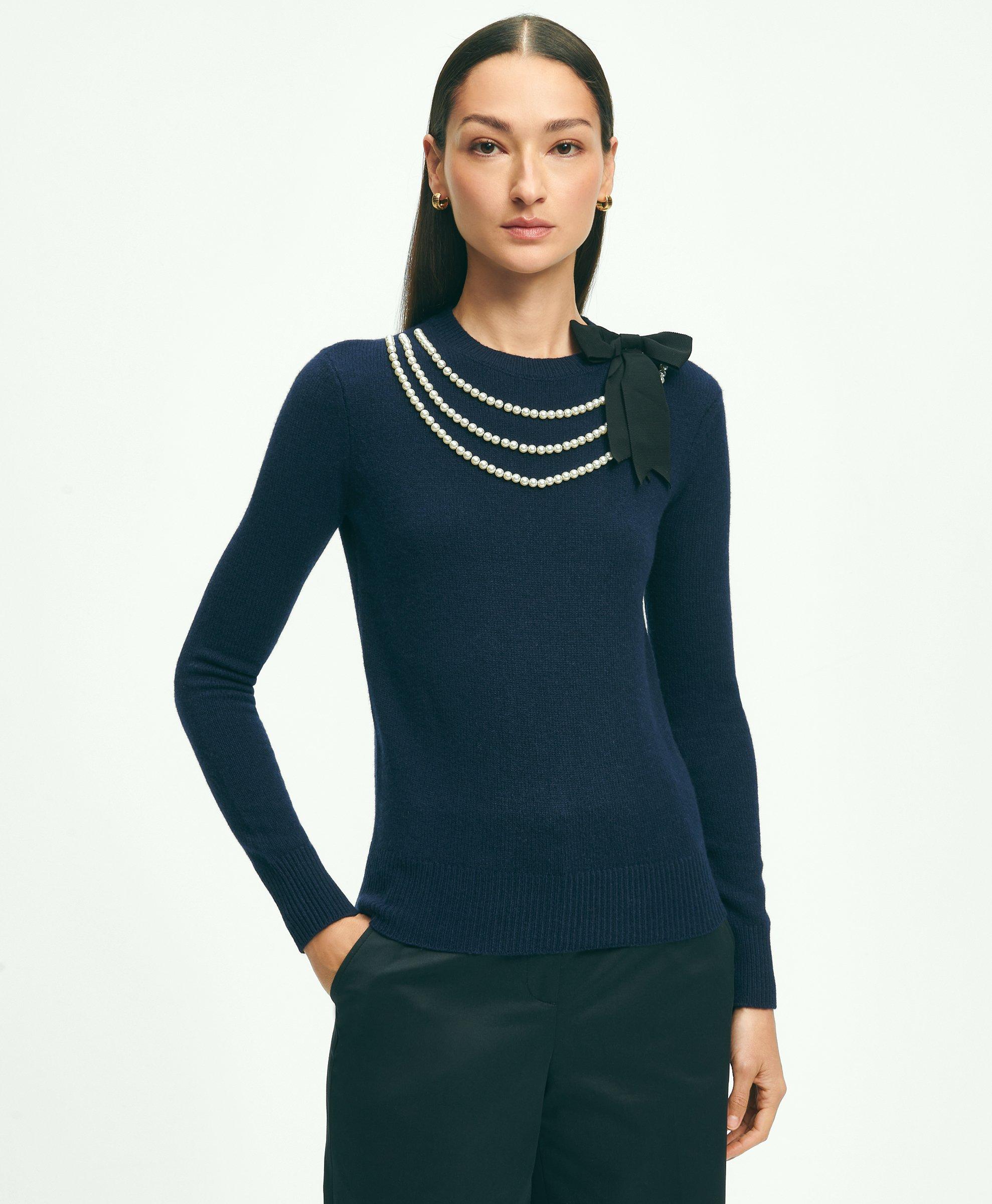Brooks Brothers Merino Wool-cashmere Faux-pearl Necklace Sweater | Navy | Size Medium