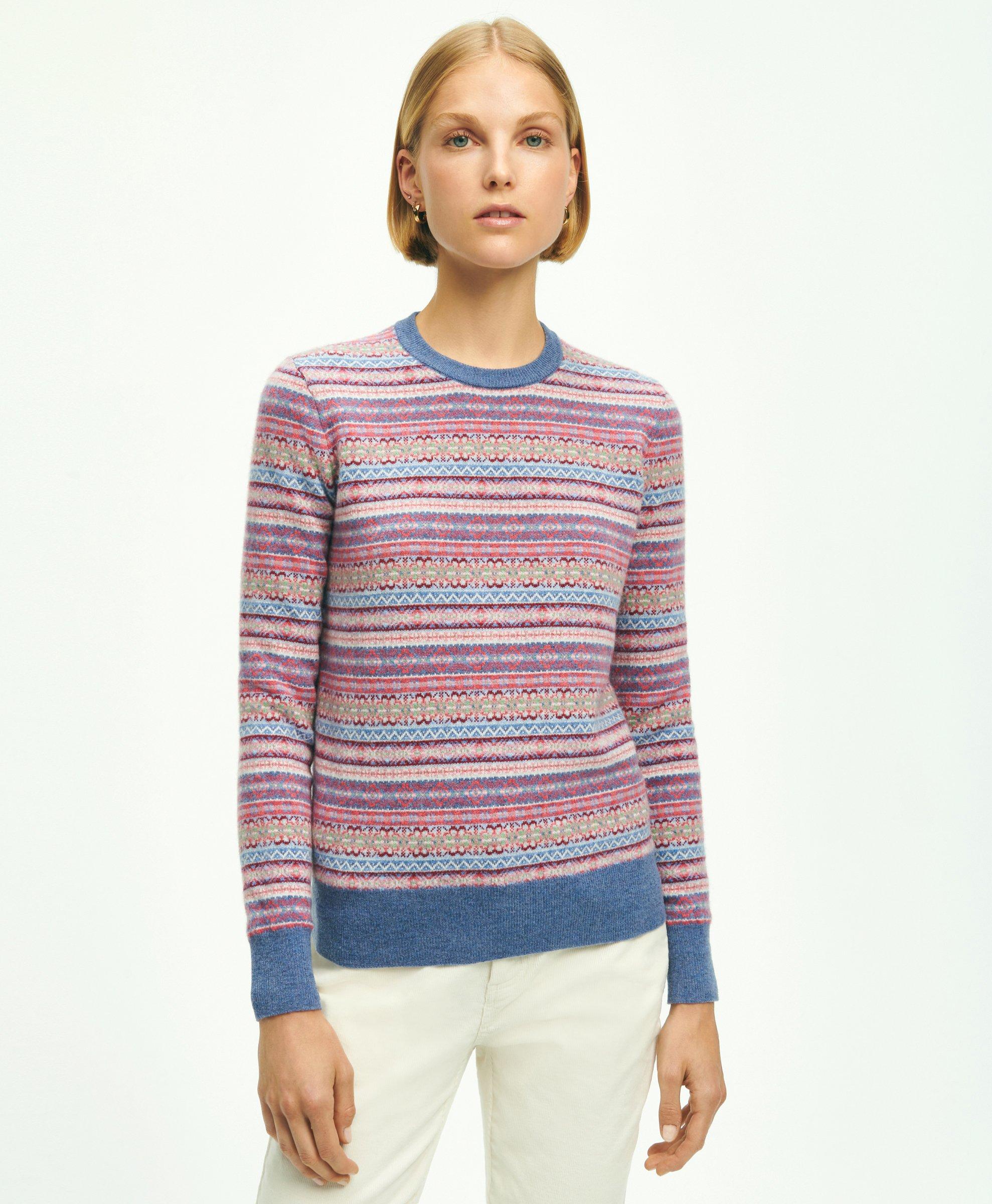 Brooks Brothers Lambswool Fair Isle Crew Neck Sweater | Pink | Size Xs