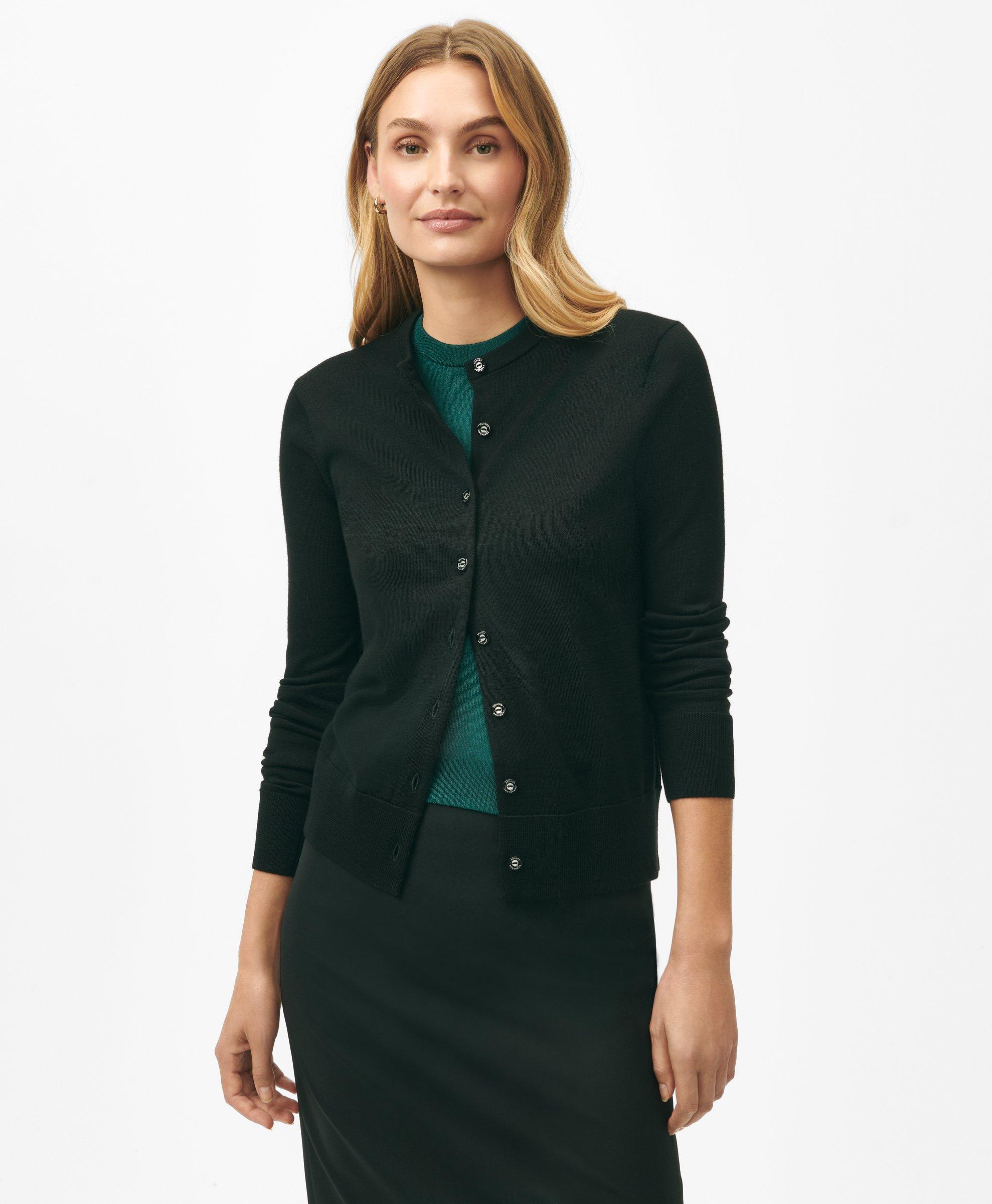 Brooks Brothers Twinset Cardigan In Merino Wool Sweater In Black