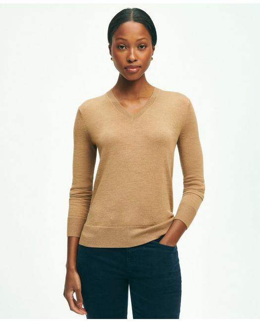 Brooks Brothers Merino Wool V-neck Sweater | Camel | Size Small