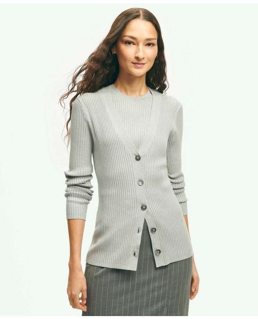 Brooks Brothers Silk Blend Ribbed V-neck Cardigan Sweater | Medium Heather Grey | Size Xl