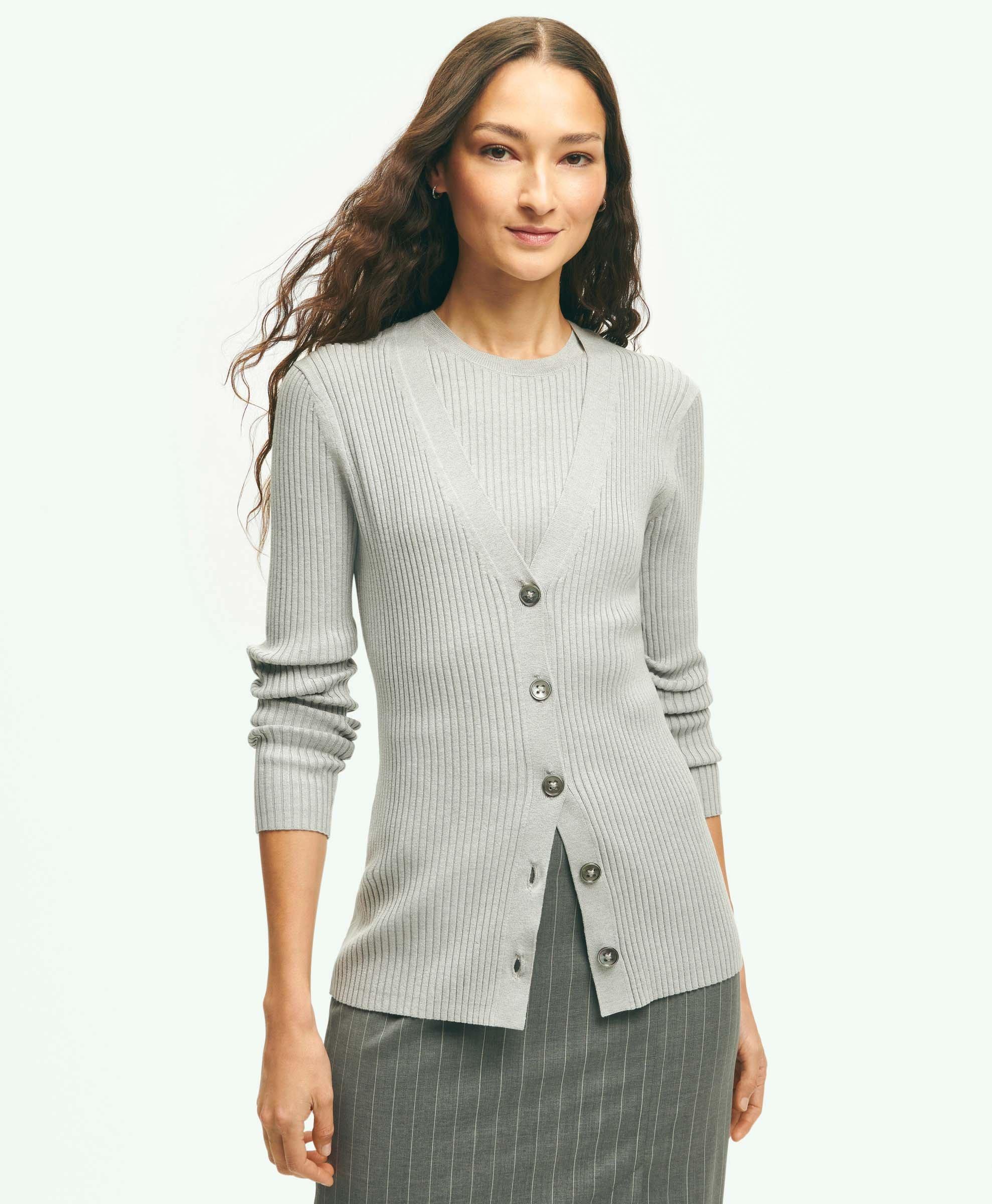 Brooks Brothers Silk Blend Ribbed V-neck Cardigan Sweater | Medium Heather Grey | Size Large