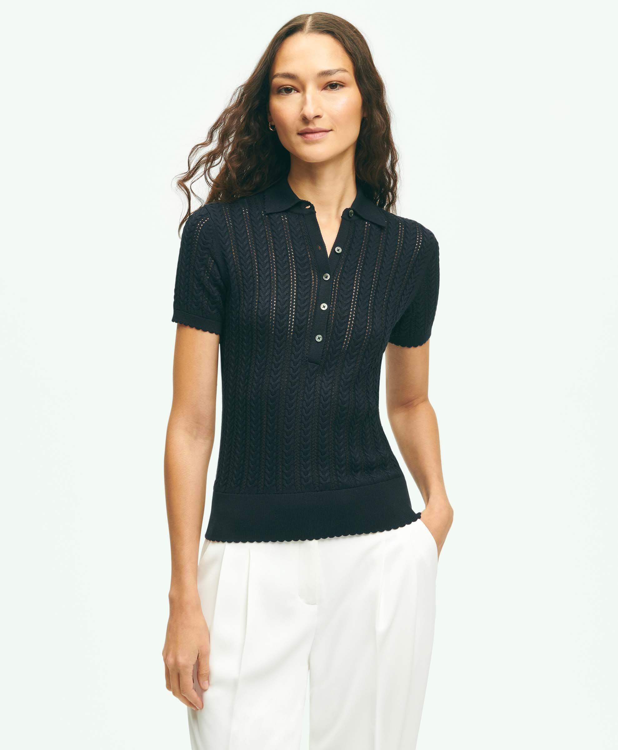 Brooks Brothers Silk Blend Pointelle Polo Sweater | Navy | Size Medium