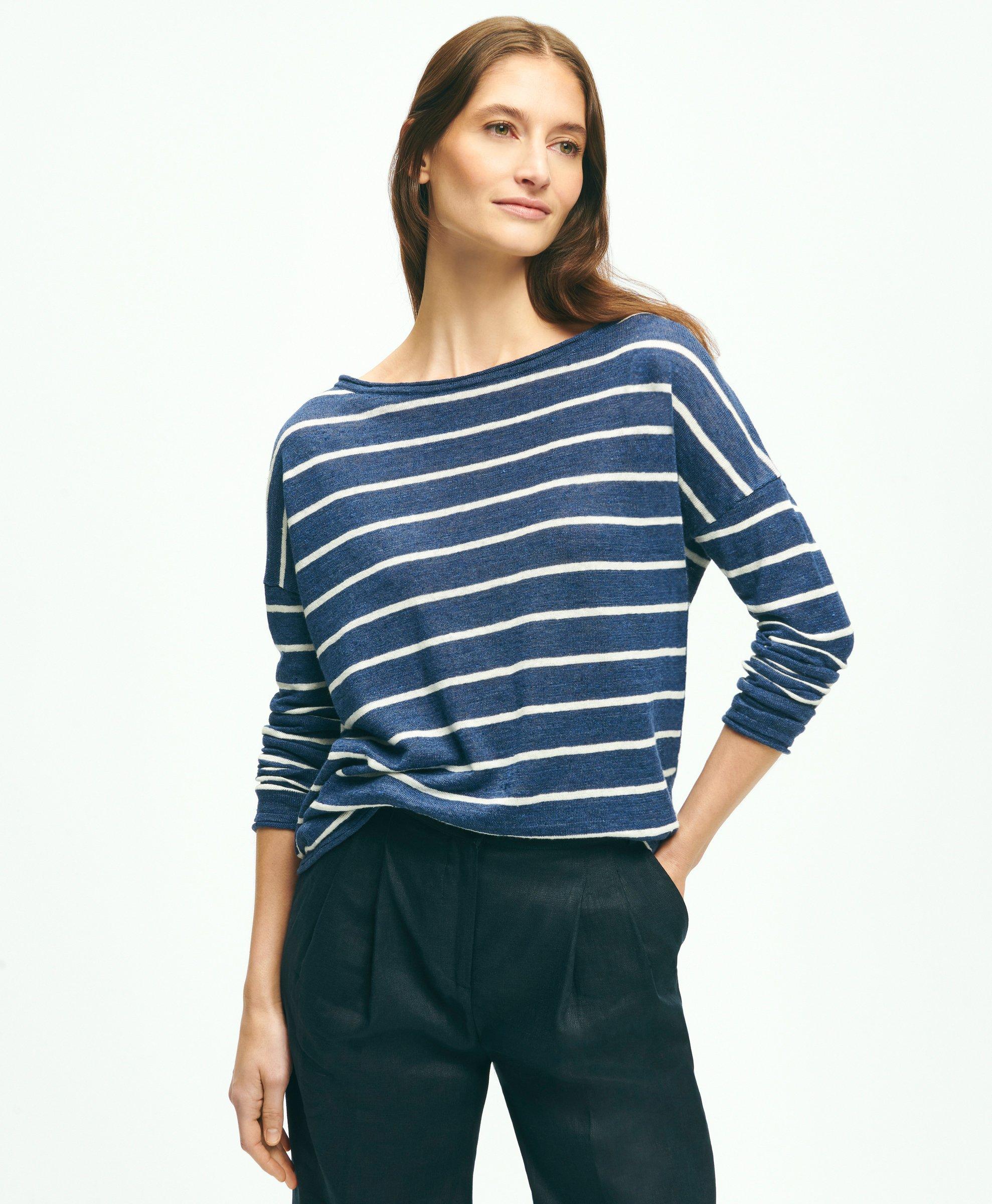 RALPH LAUREN Womens Navy Ribbed Striped Long Sleeve Boat Neck Sweater L 