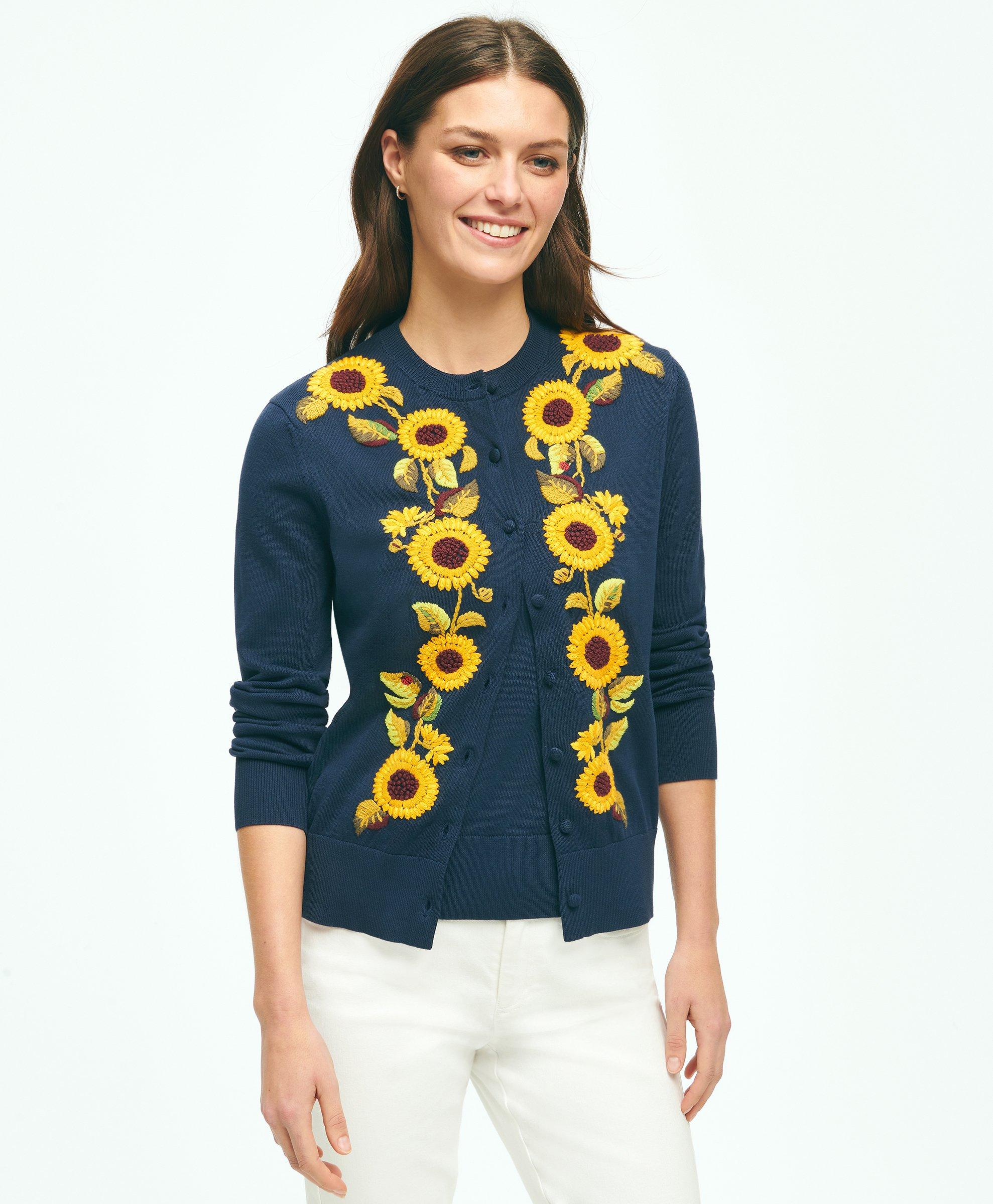 Shop Brooks Brothers Sunflower Embroidered Cardigan In Supima Cotton Sweater | Navy | Size Small