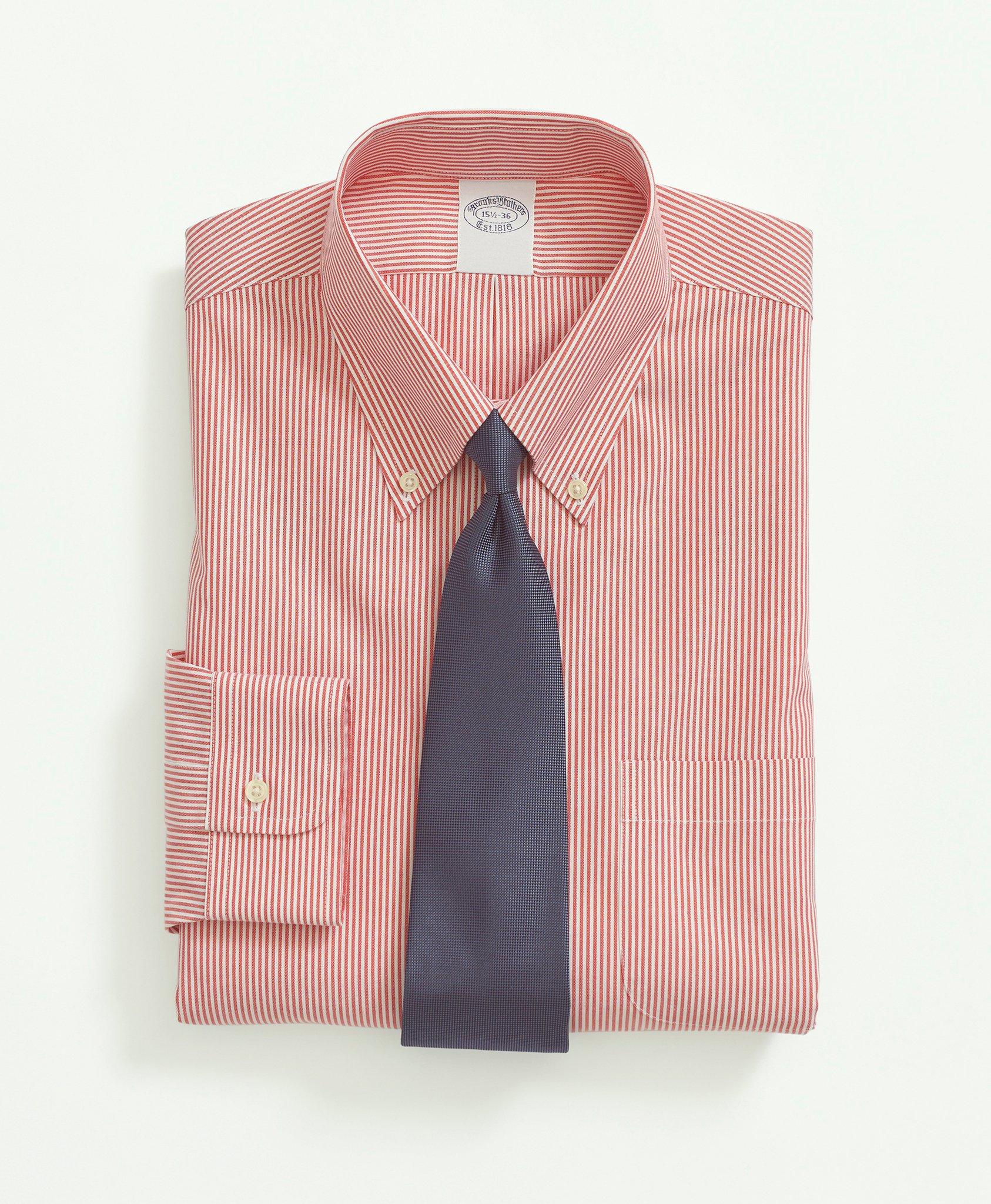 Brooks Brothers Big & Tall Stretch Supima Cotton Non-iron Pinpoint Oxford Button-down Collar, Candy Stripe Dress Shi In Red