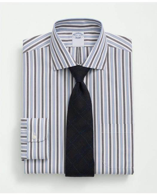 Brooks Brothers Big & Tall Stretch Supima Cotton Non-iron Pinpoint English Collar, Striped Dress Shirt | Brown | Siz