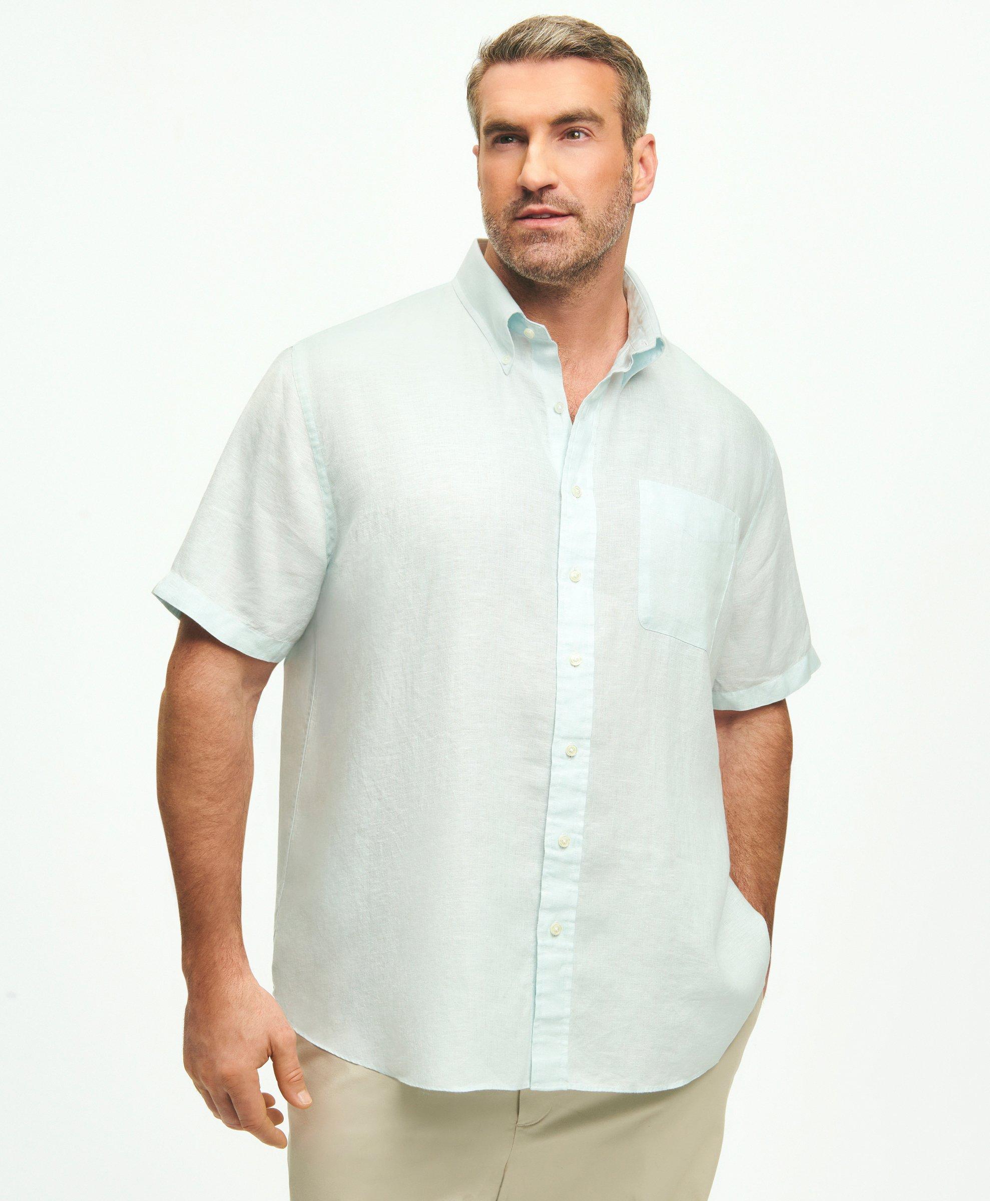 Brooks Brothers Big & Tall Sport Shirt, Short-sleeve Irish Linen | Aqua | Size 1x