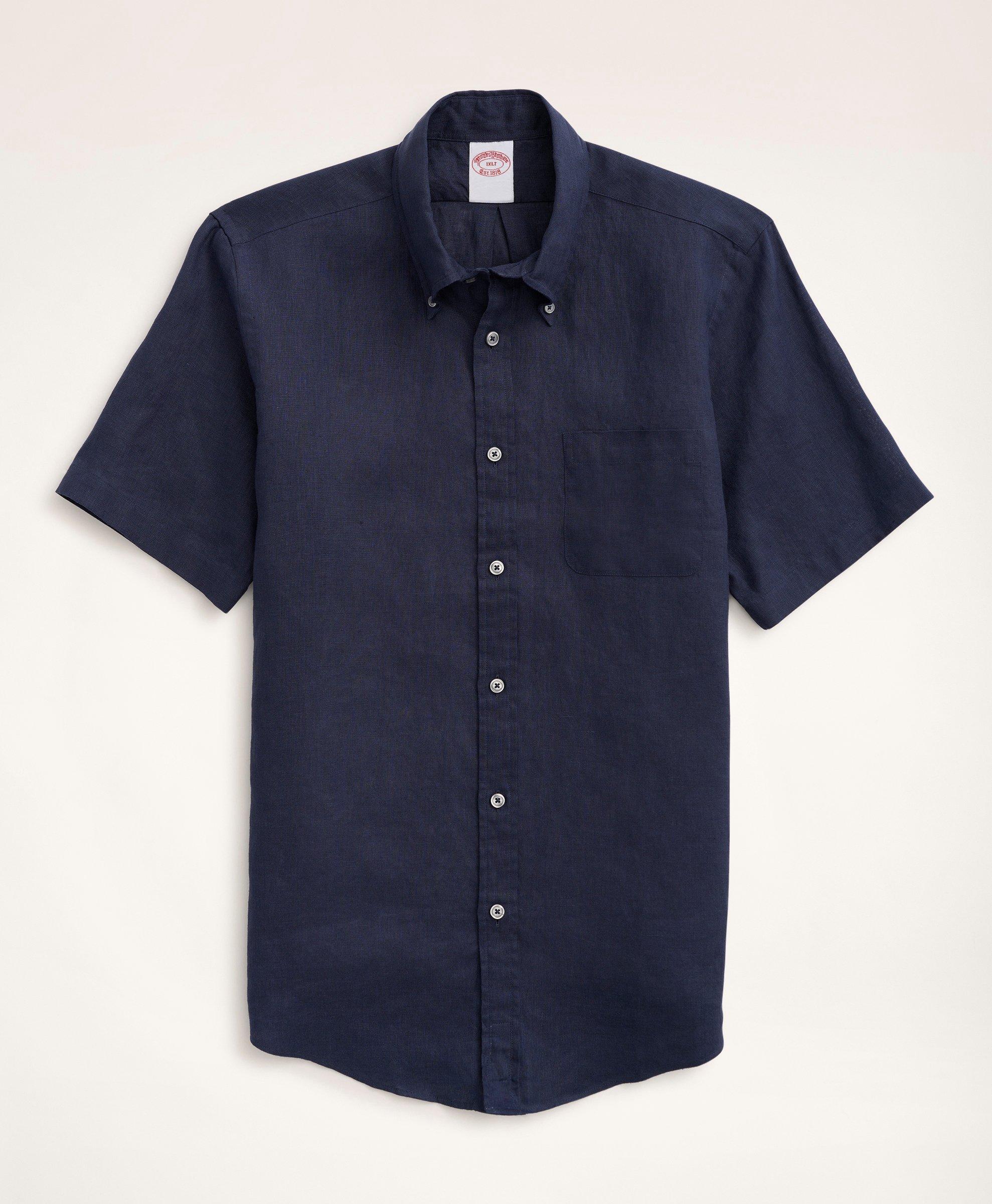 Brooks Brothers Big & Tall Sport Shirt, Short-sleeve Irish Linen | Navy | Size 1x Tall