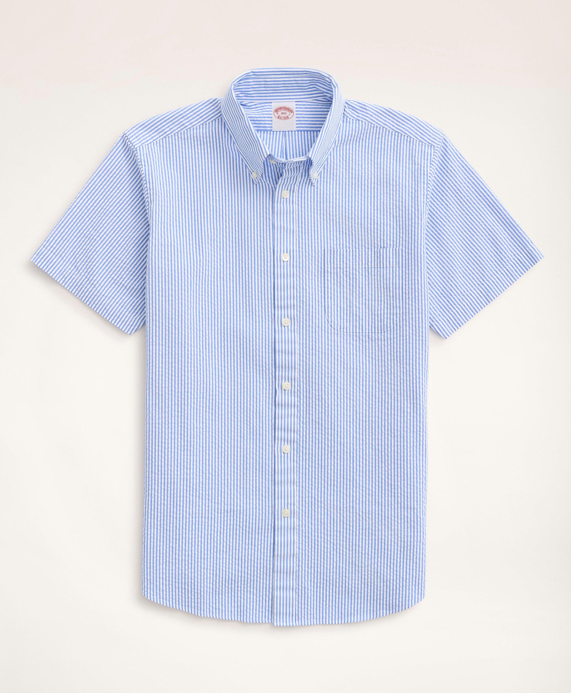Brooks Brothers Big & Tall Sport Shirt, Short-sleeve Seersucker Stripe | Blue | Size 4x Tall