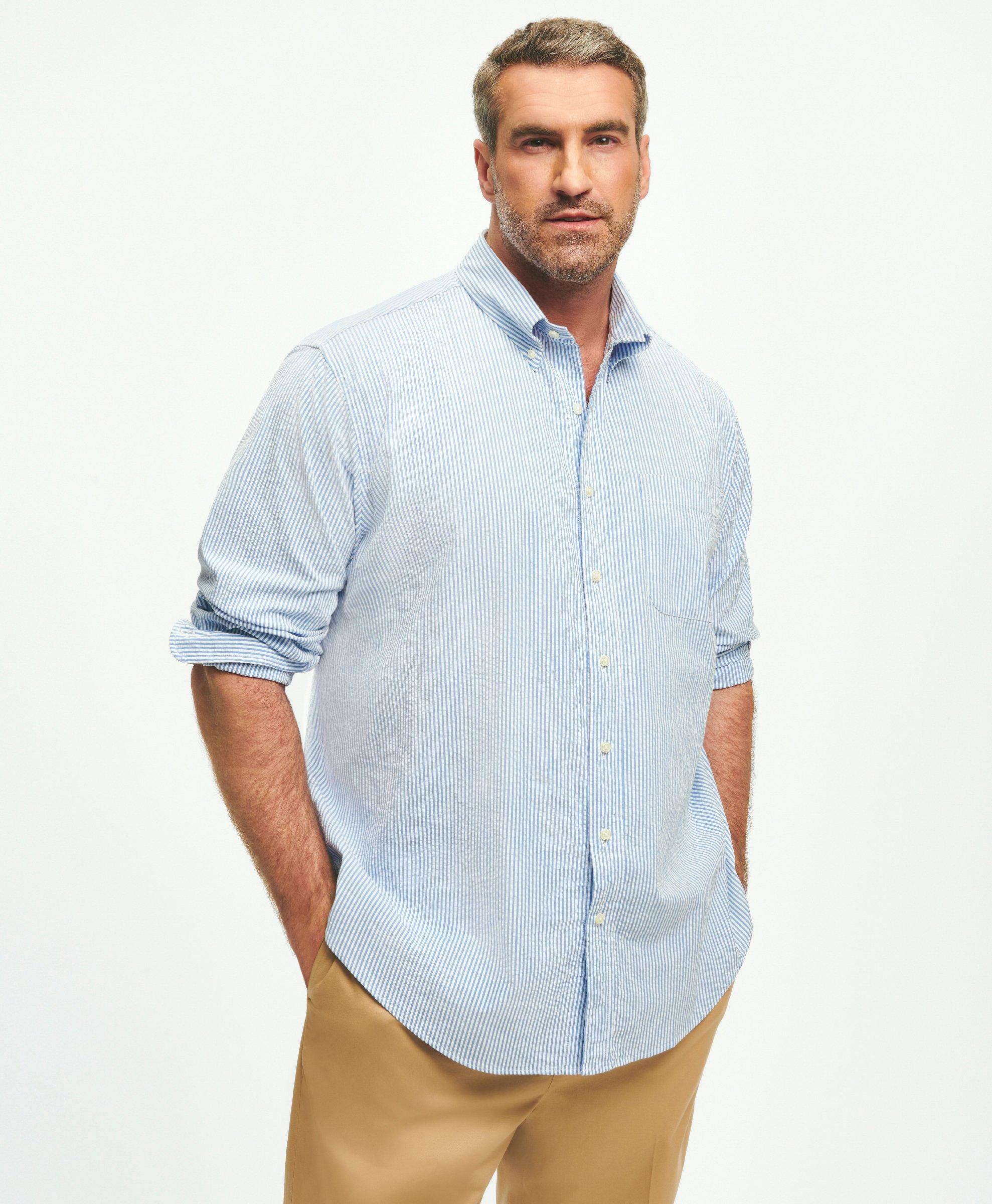 Shop Brooks Brothers Big & Tall Washed Cotton Seersucker Button-down Collar Striped, Sport Shirt | Blue | Size 2x Tall