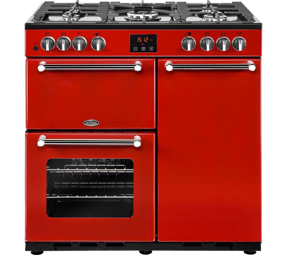 BELLING Kensington 90DFT Dual Fuel Range Cooker - Red & Chrome