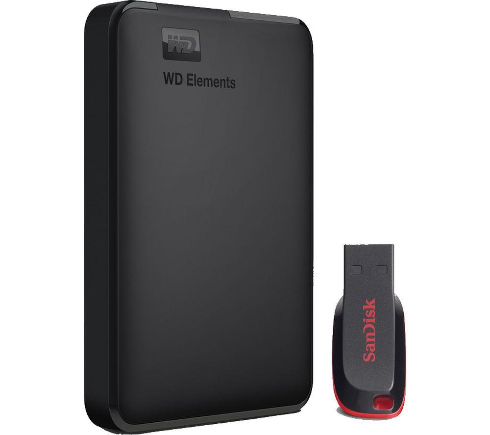 WD Elements Portable Hard Drive - 1 TB & SanDisk Cruzer Blade 16 GB USB  Black  Black