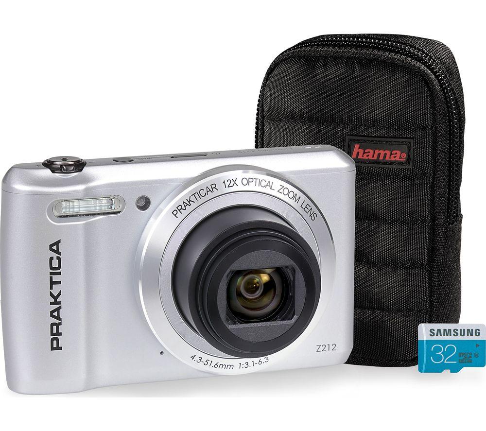 PRAKTICA Luxmedia Z212-S Compact Camera  Case & 32 GB MicroSD Memory Card Bundle - Silver