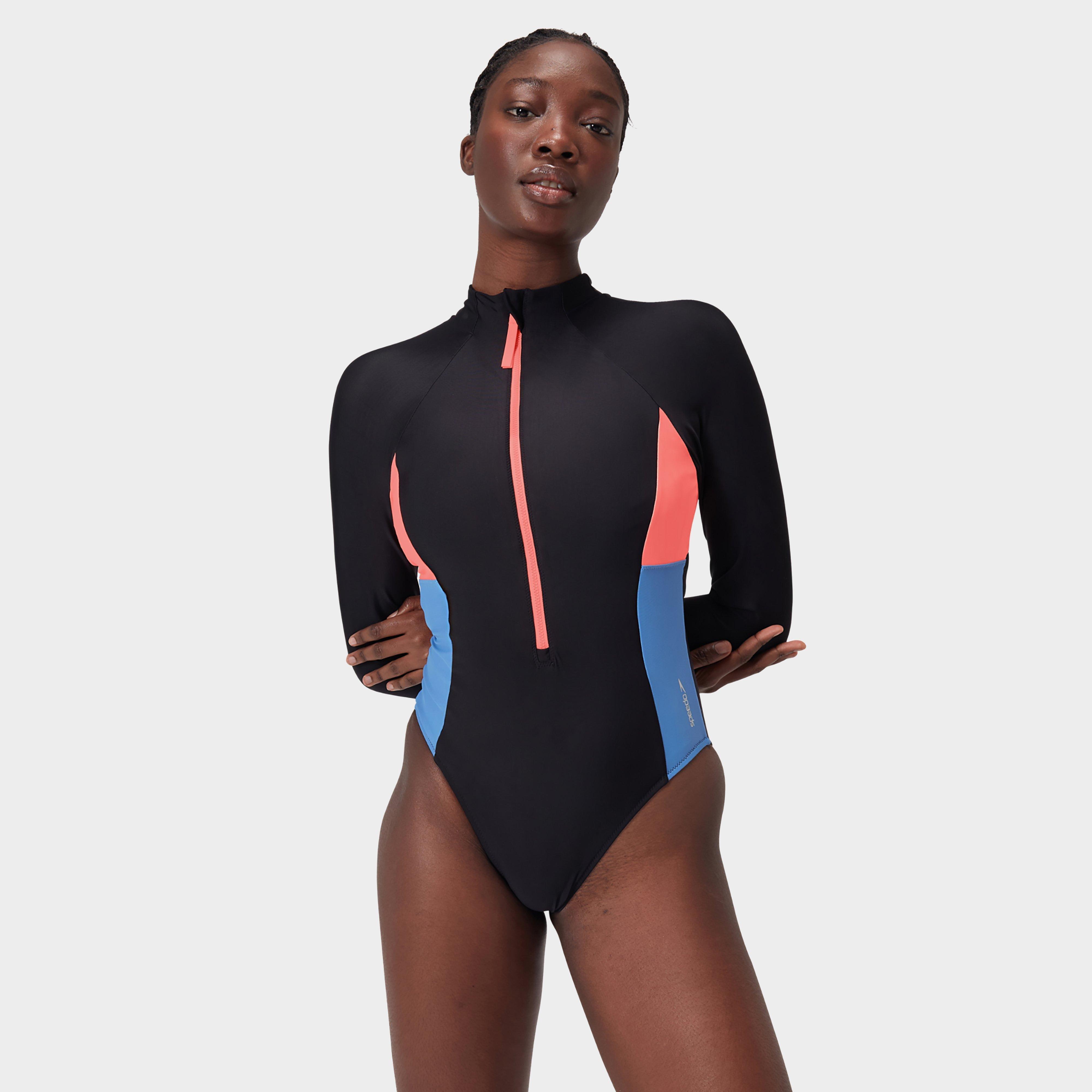 Speedo Women's Long Sleeve Zip Colorblock 1 Piece, Black