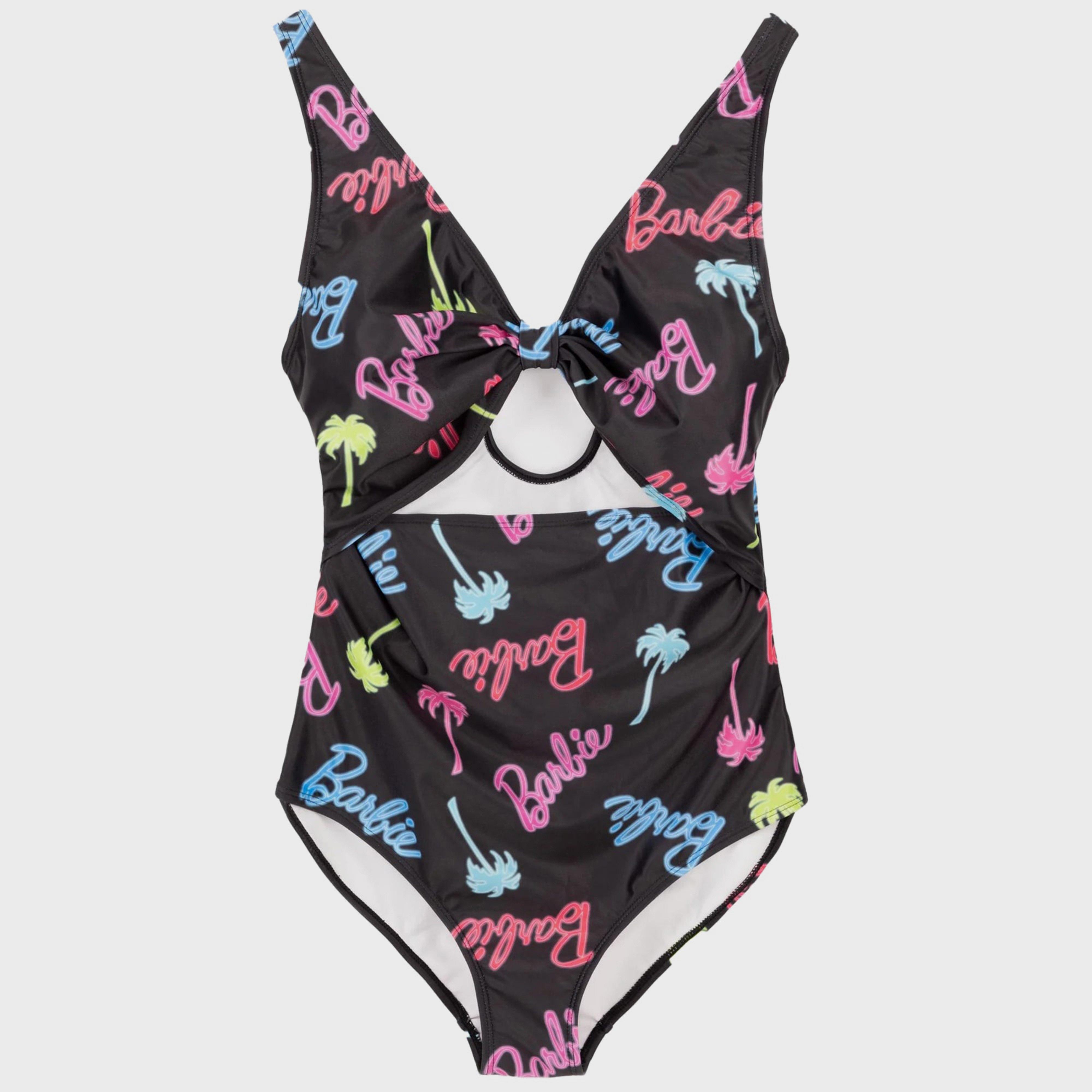 BARBIE Women's Palm Tree Logo One Piece Swimsuit, Black