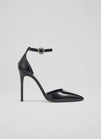 Kiera Black Patent Leather Ankle Strap Heels, Black