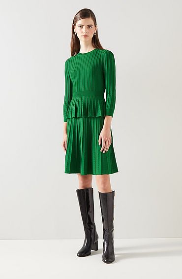 Susannah Green Rib Knit Pleated Skirt Dark Green, Dark Green