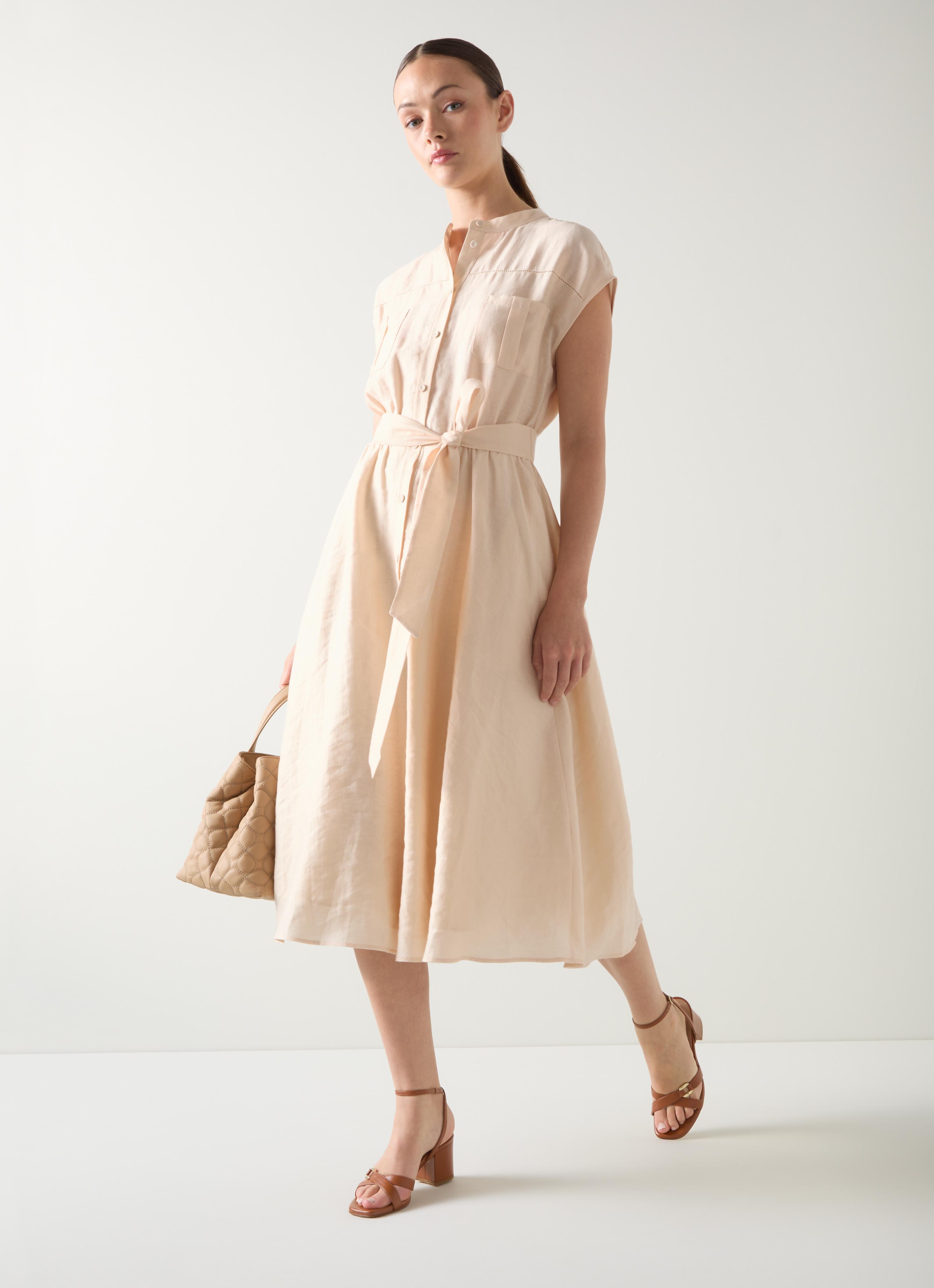 Fran Pale Stone Linen Blend Utility Linen Tencel Belted Dress