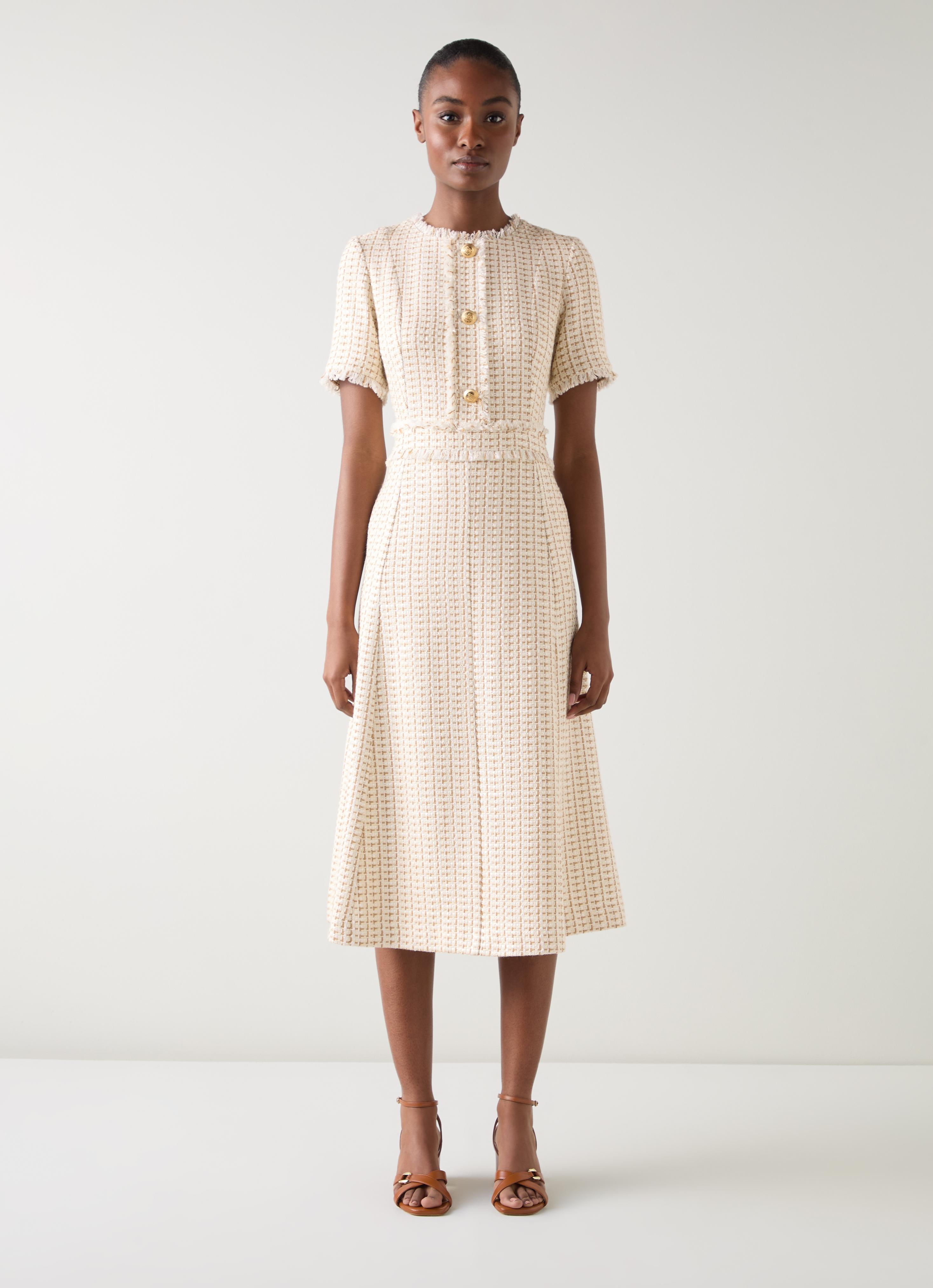 Julia Camel Tweed Cheque Gold Button Dress
